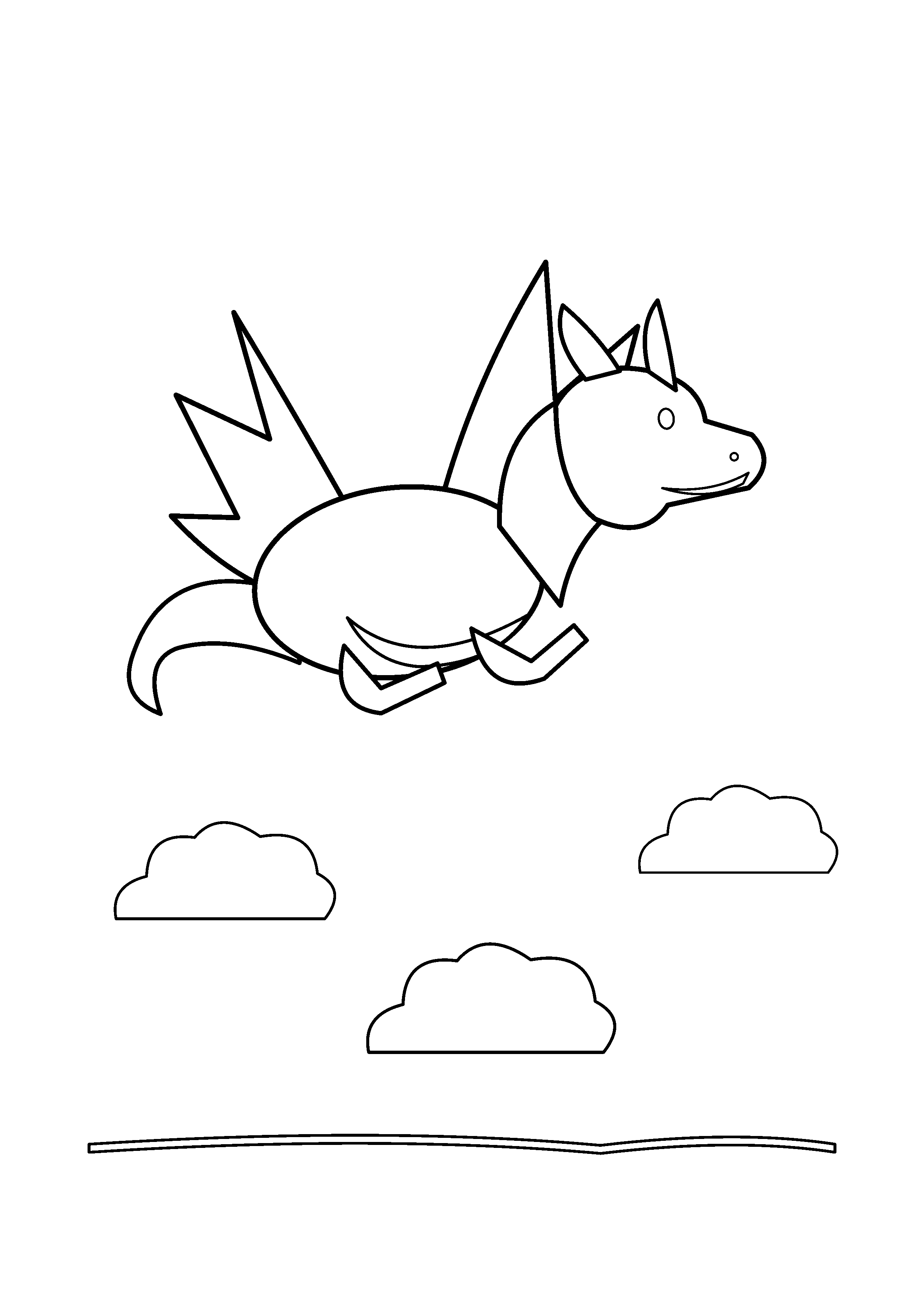 A winged dragon glides over three broad clouds.