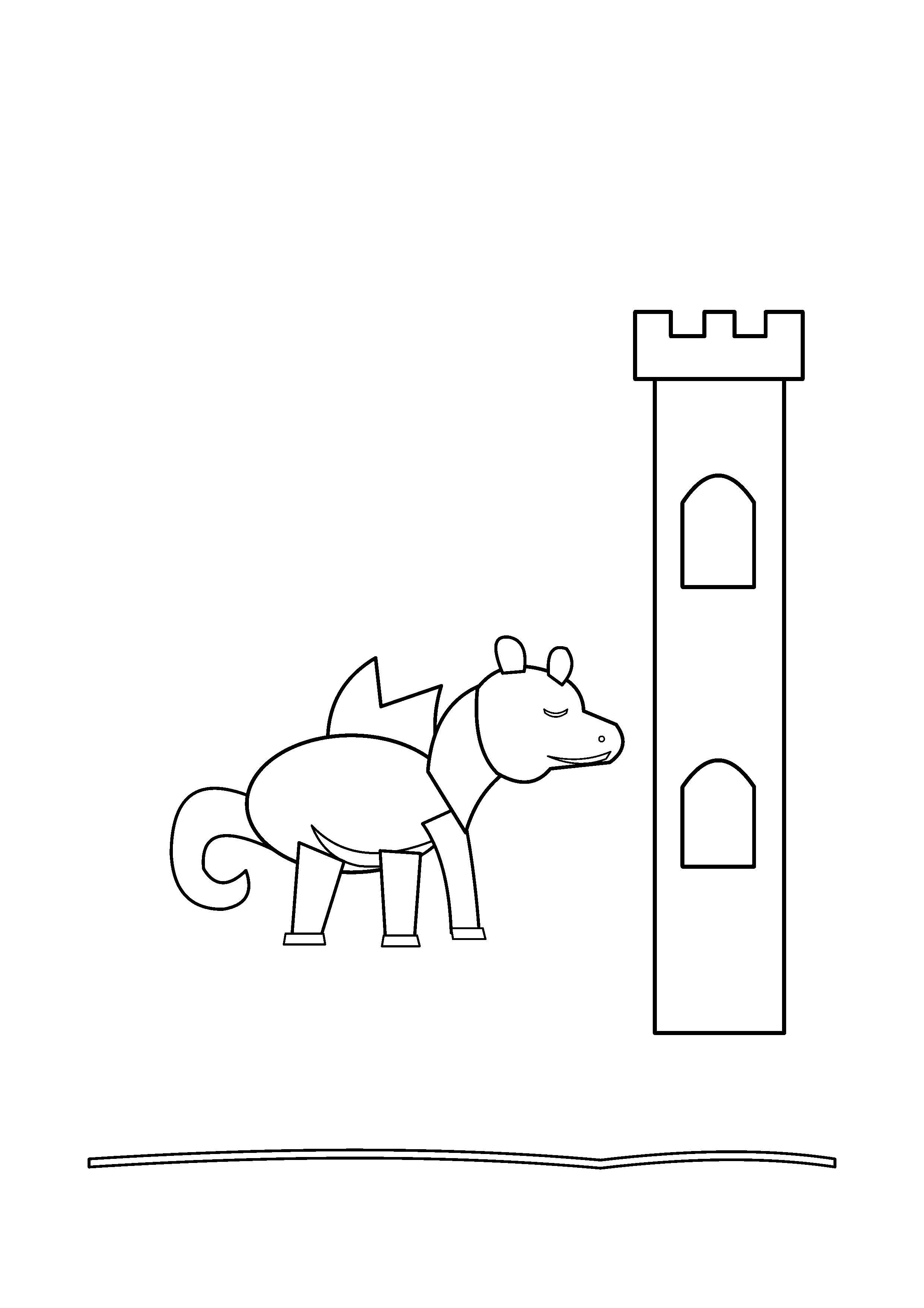 A curled dragon sleeps beside a tall stone tower.