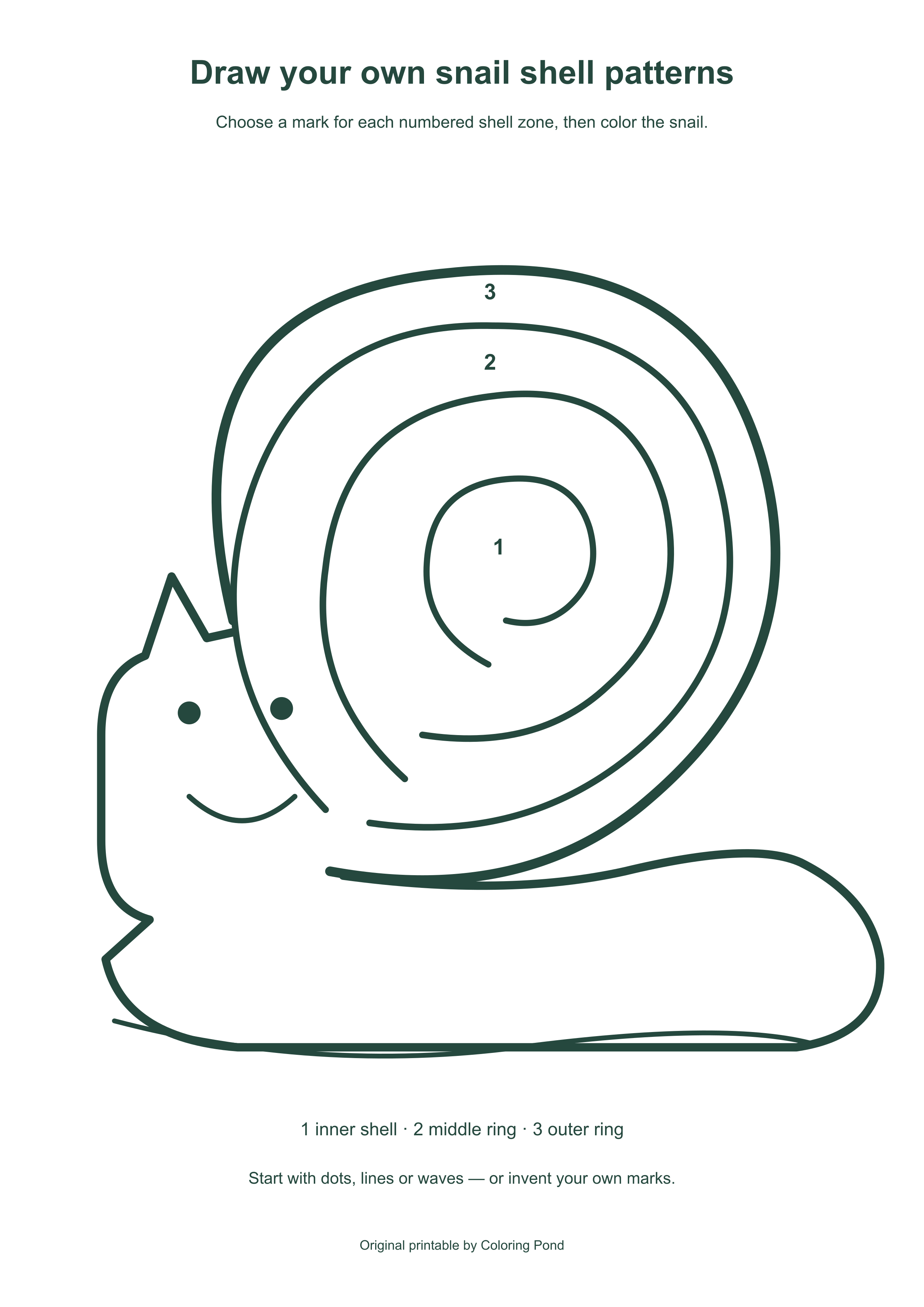 Original printable snail with three empty numbered shell zones ready for hand-drawn patterns