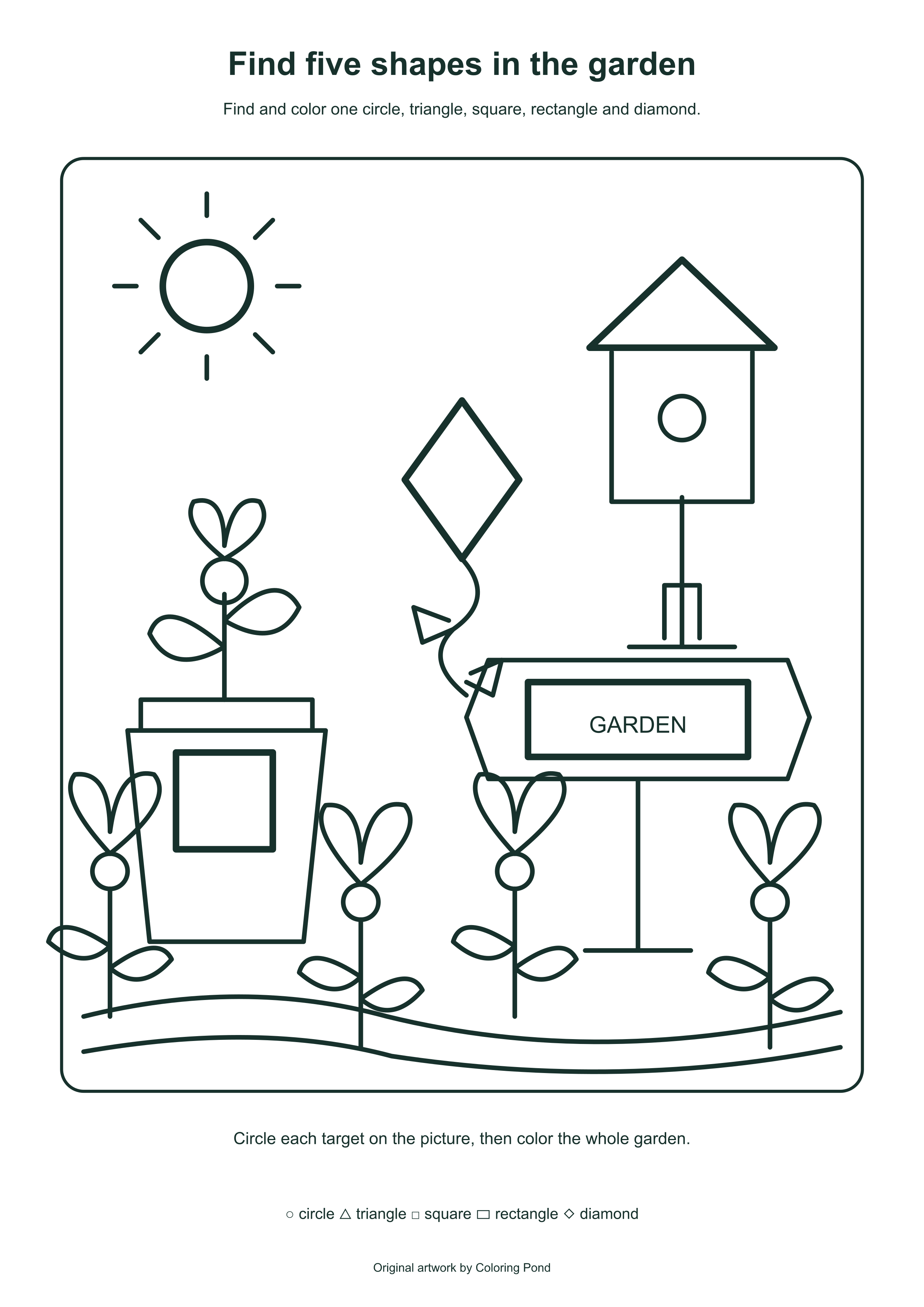 Original garden coloring worksheet with five target shapes hidden in scene objects