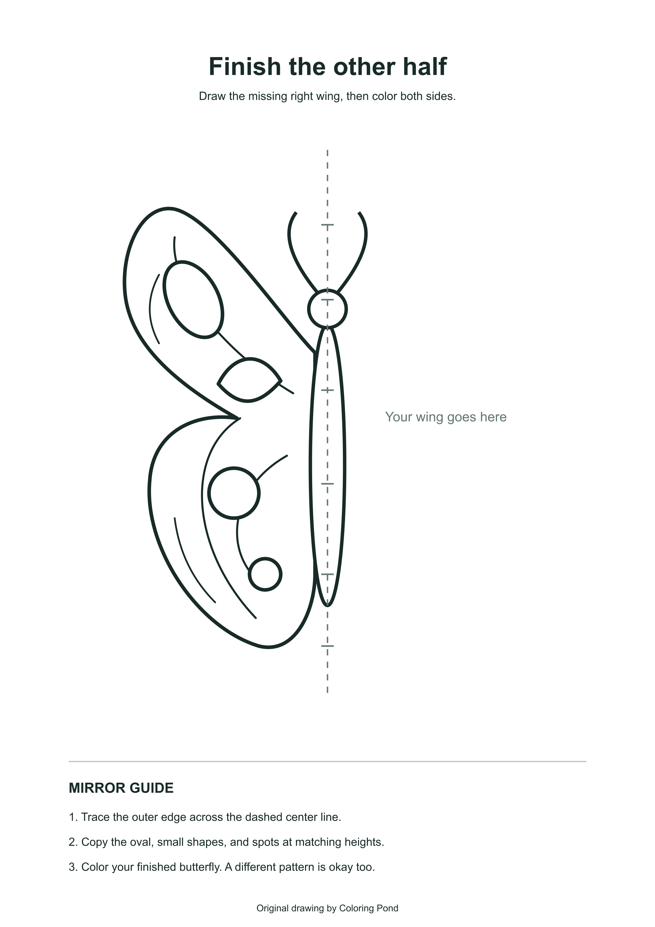 Original printable butterfly with a patterned left wing and blank right wing