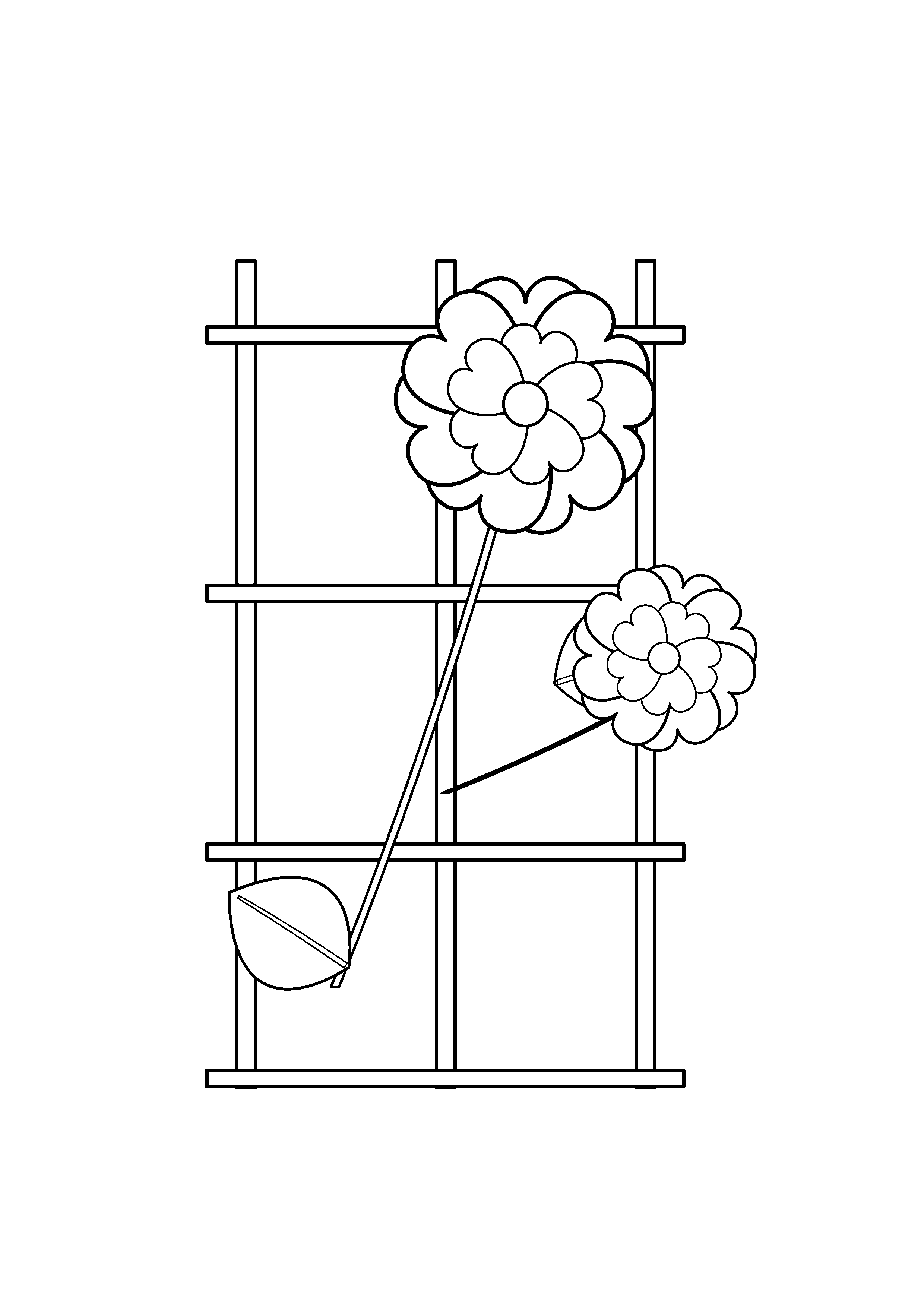 A camellia blossom climbs a plain wooden trellis.