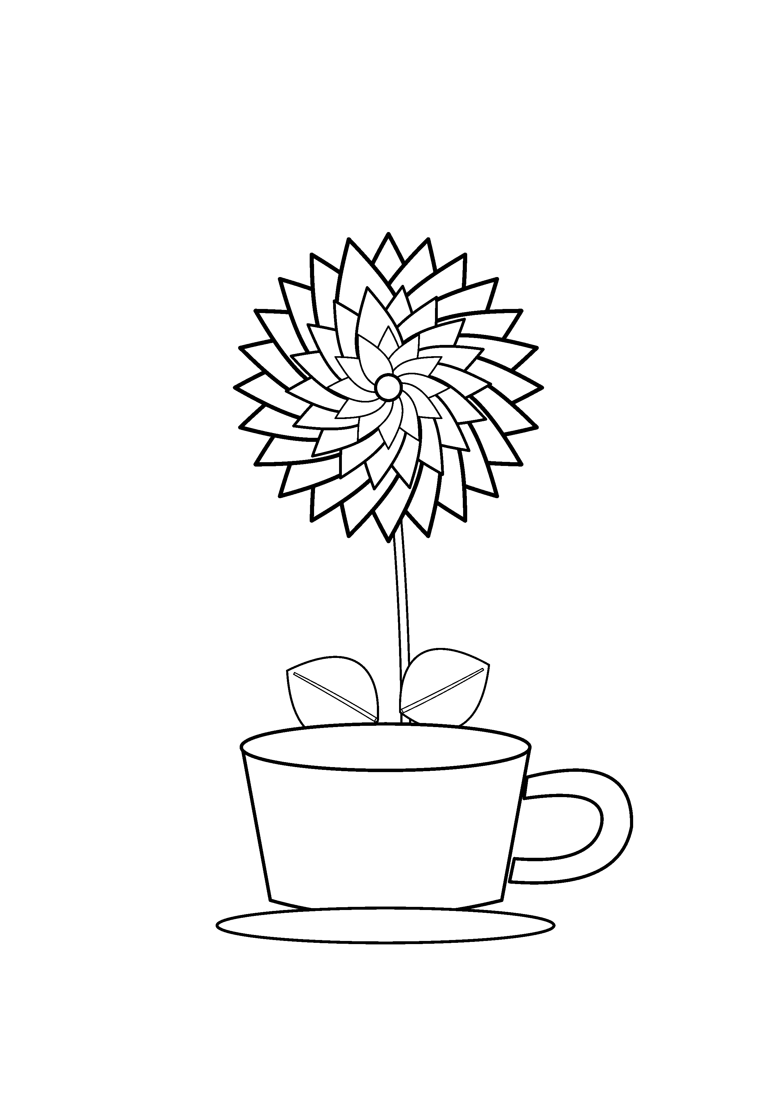 A rounded chrysanthemum grows from a plain teacup.