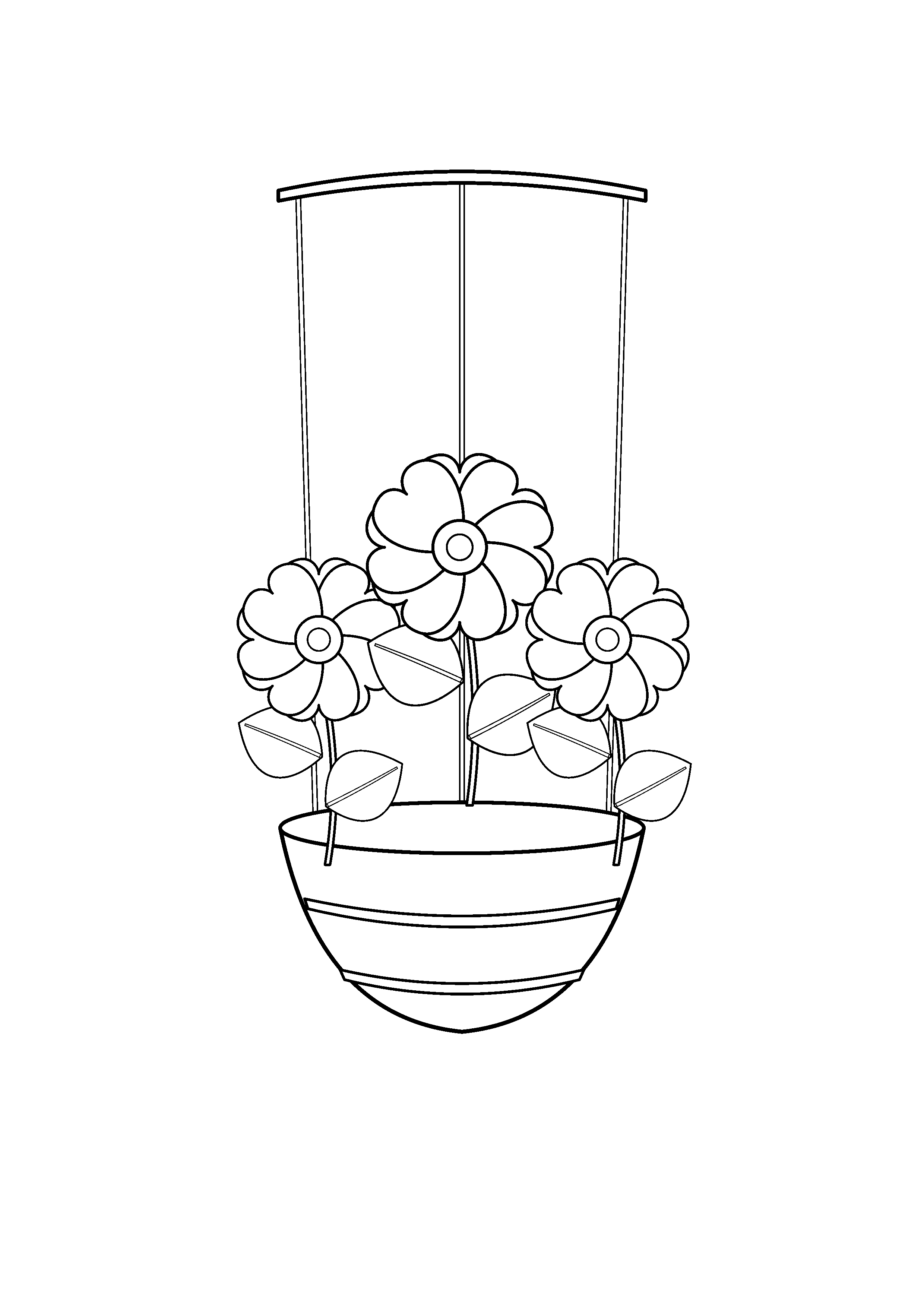 Cosmos flowers spill from a basket suspended by three cords.