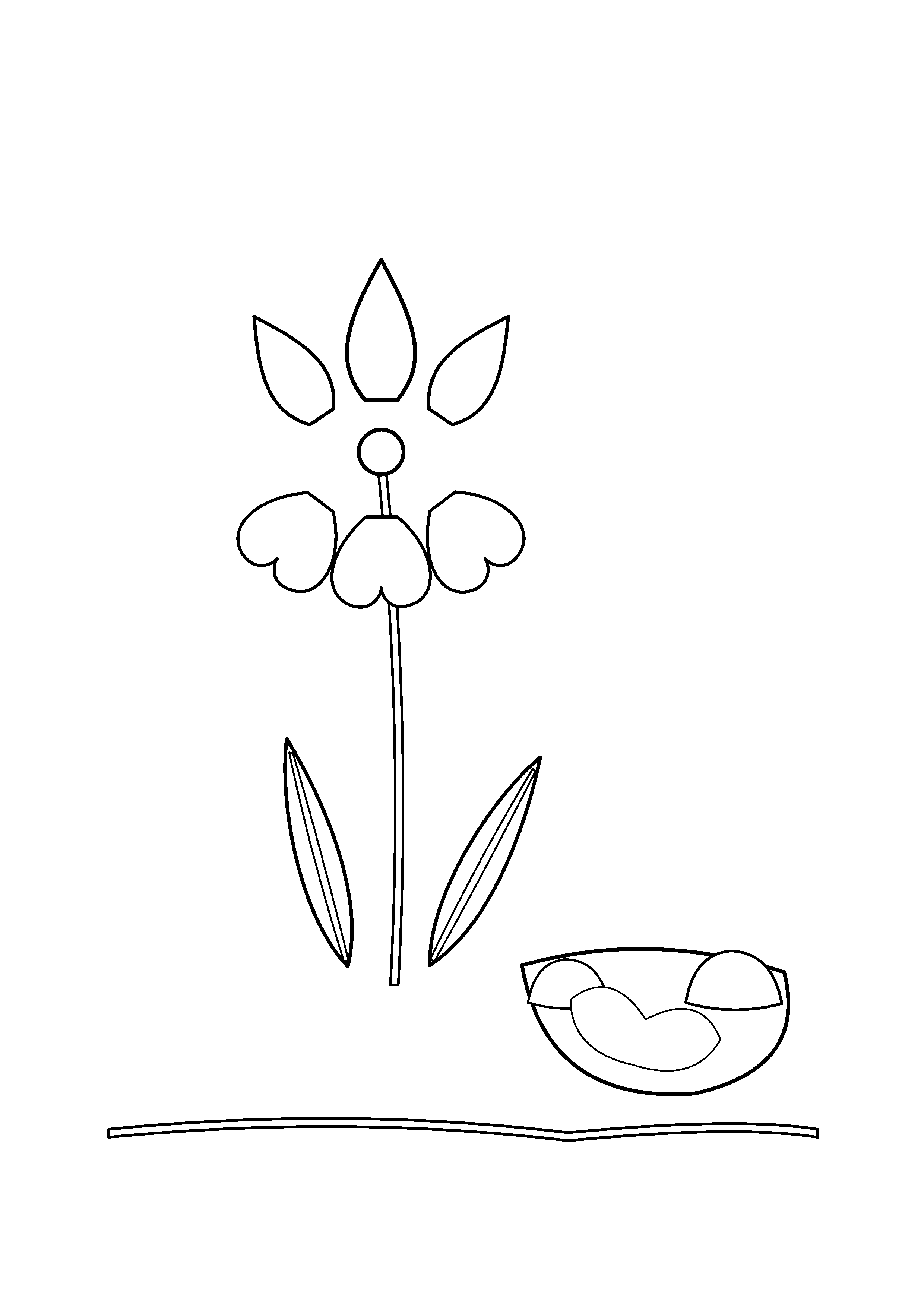 An iris blooms beside a pond edged with smooth stones.