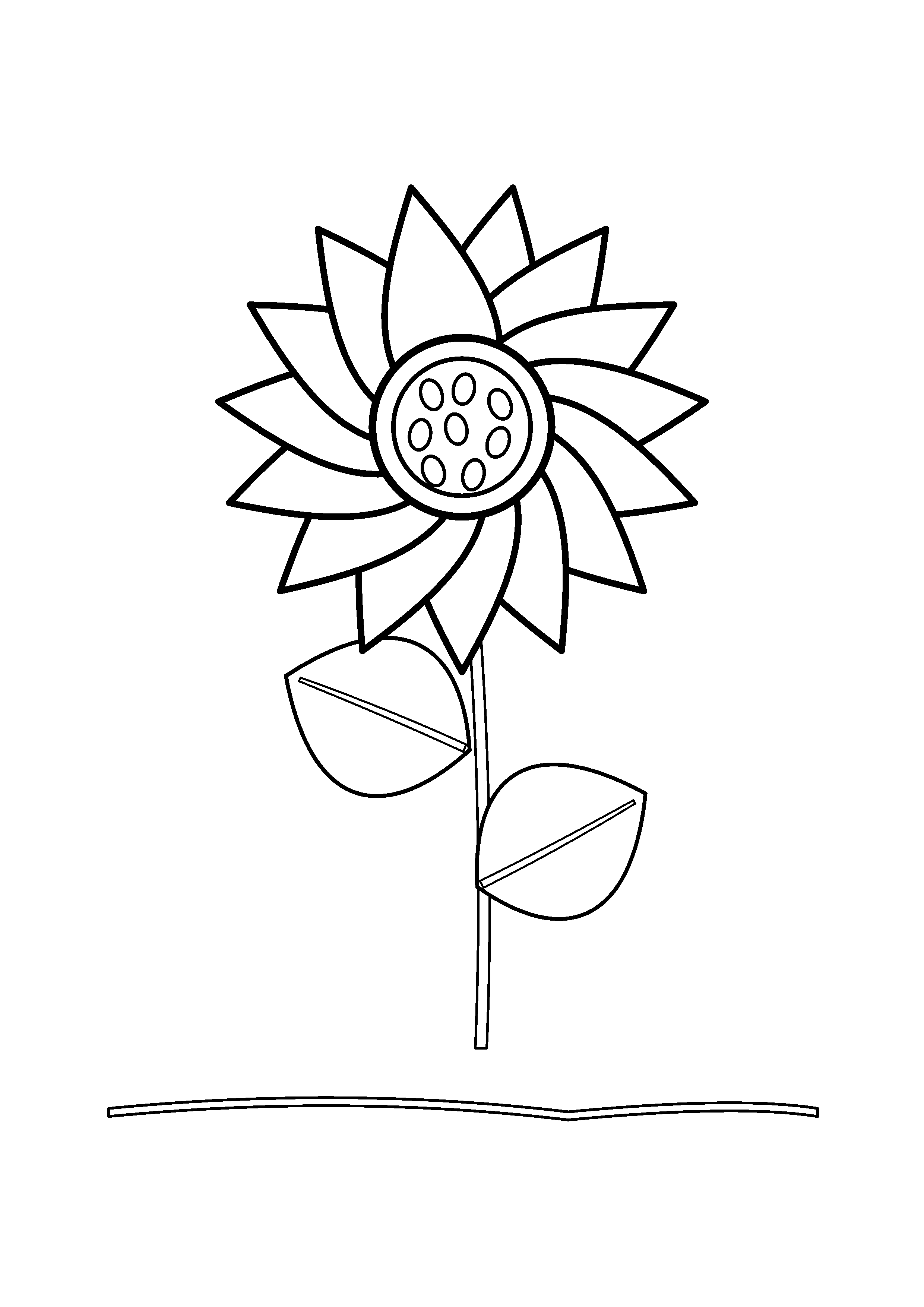 One tall sunflower stands upright with two broad leaves.
