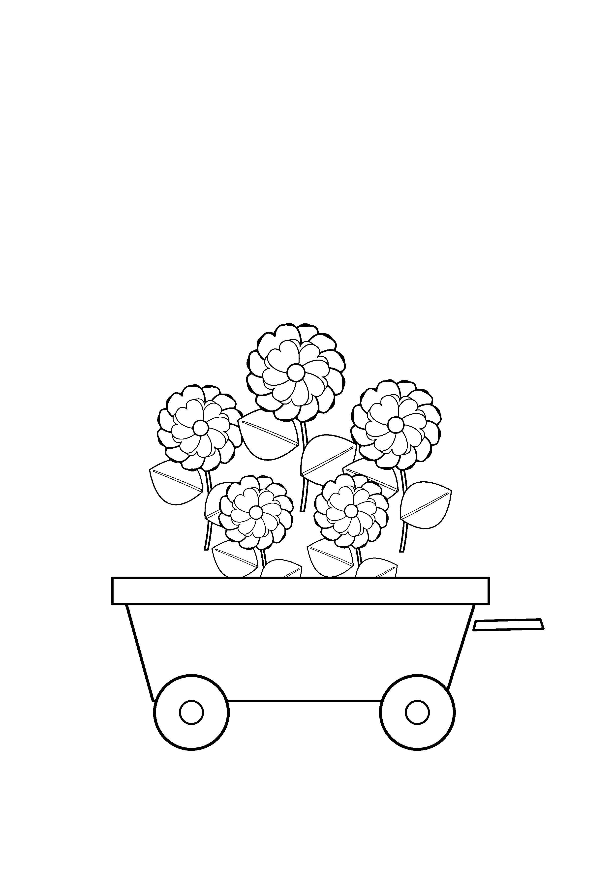 Zinnia blooms fill a small wheeled garden cart.