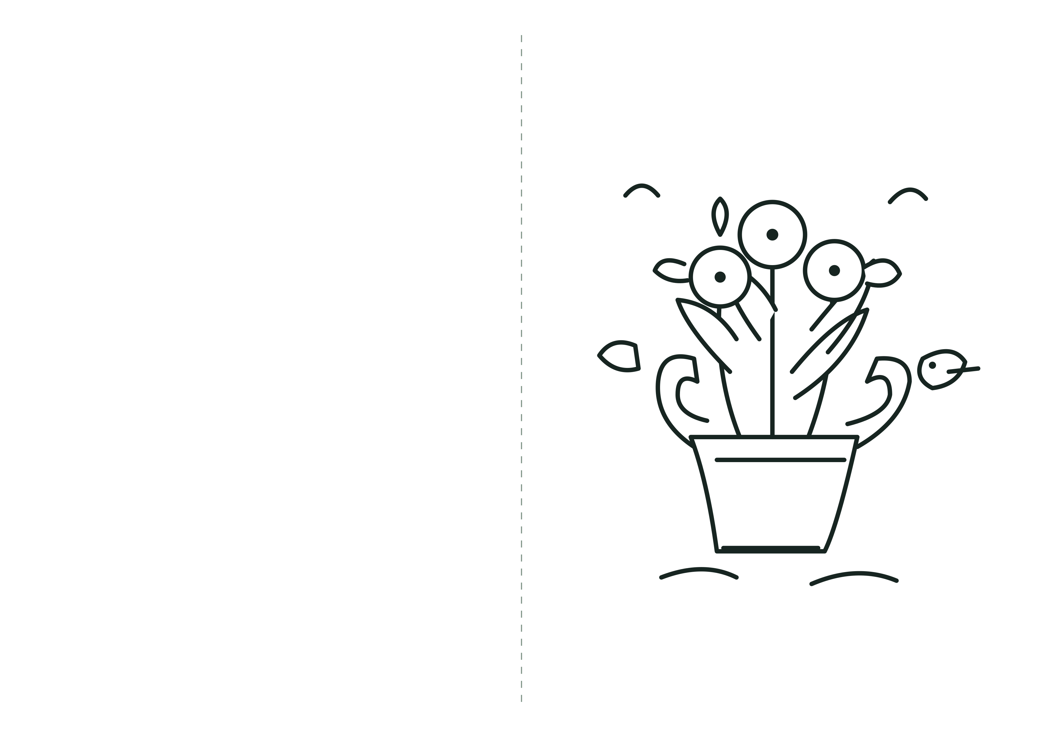 A4 landscape coloring card with original flowers on the right-hand front cover and a center fold line