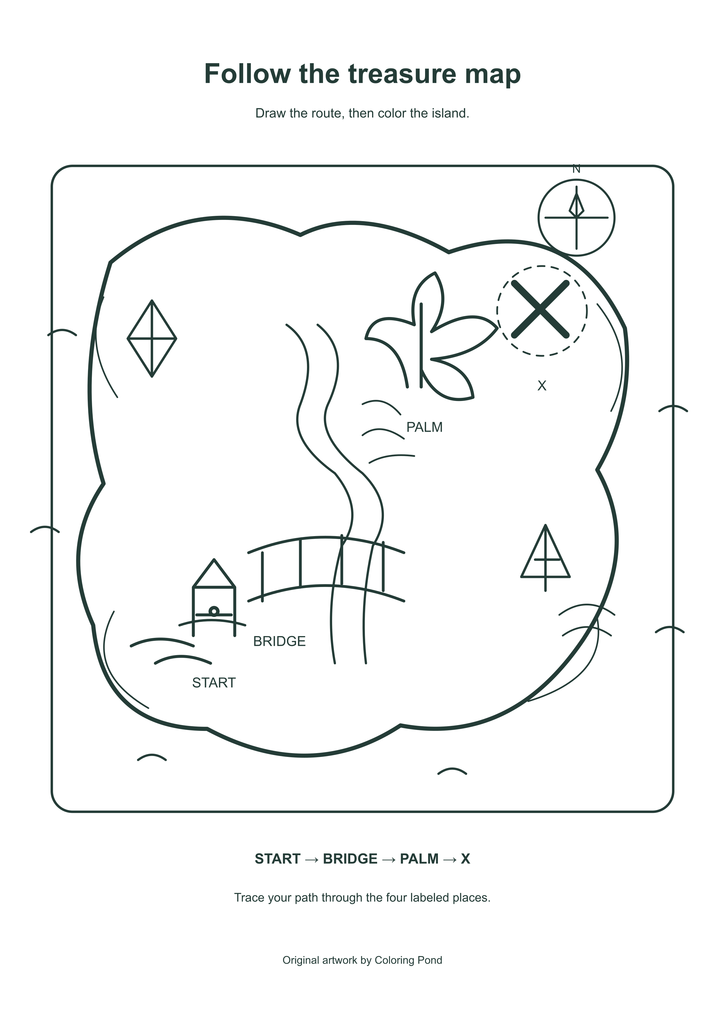 Original printable treasure map with start dock, bridge, palm tree and X