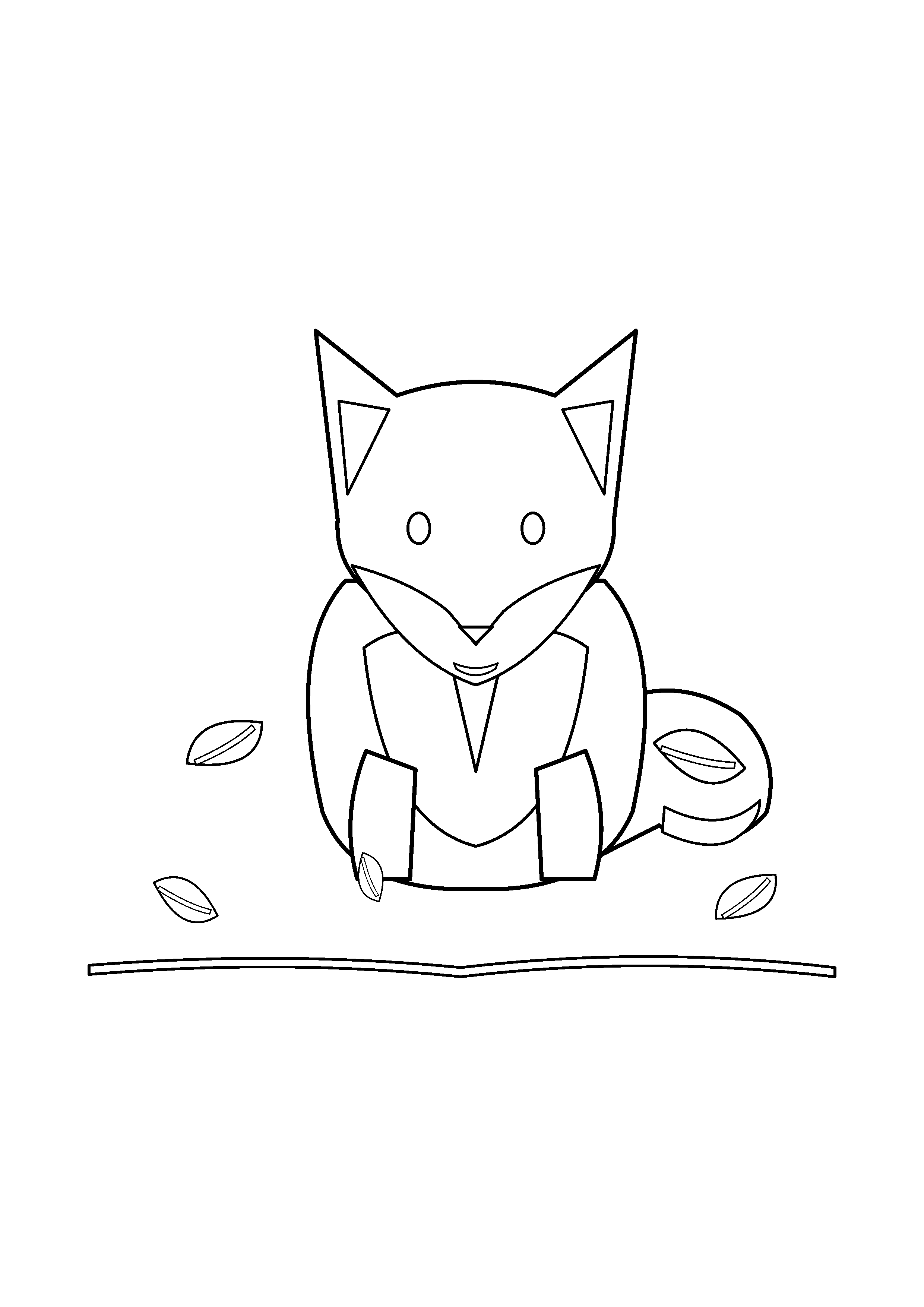 A seated fox is surrounded by broad fallen leaves.