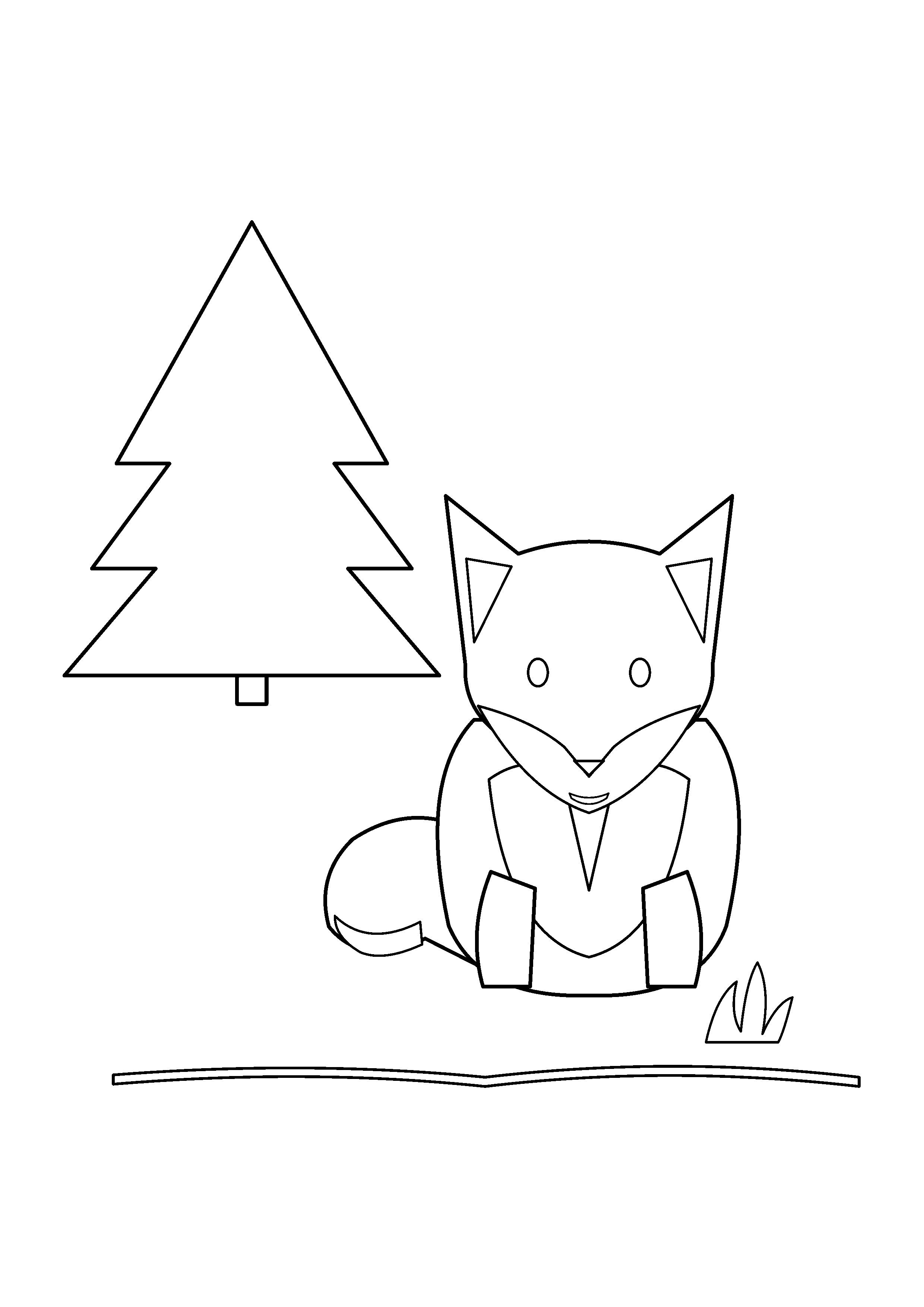A fox sits beneath a tall pine tree on a quiet woodland floor.