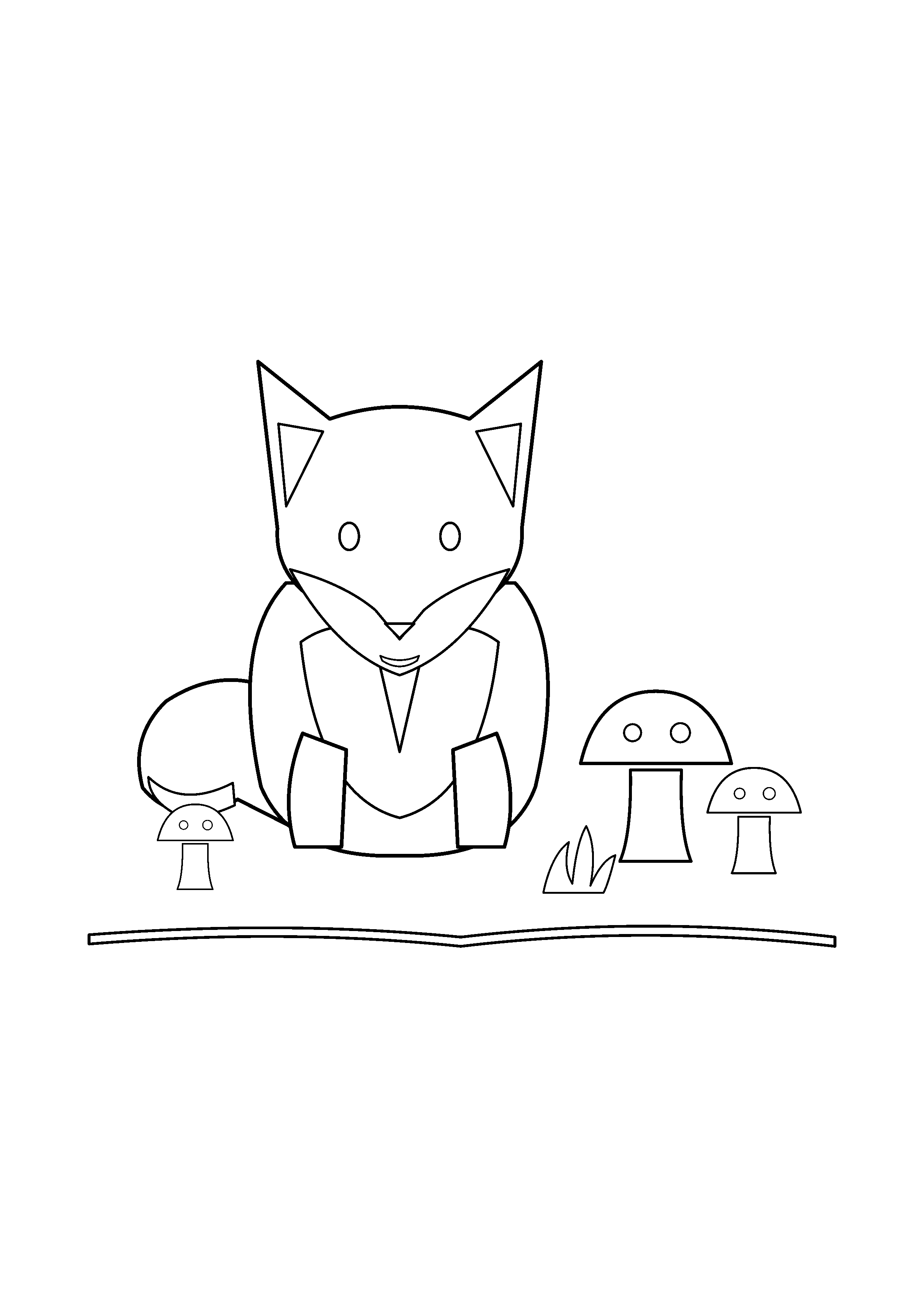 A fox sits beside a cluster of tall woodland mushrooms.