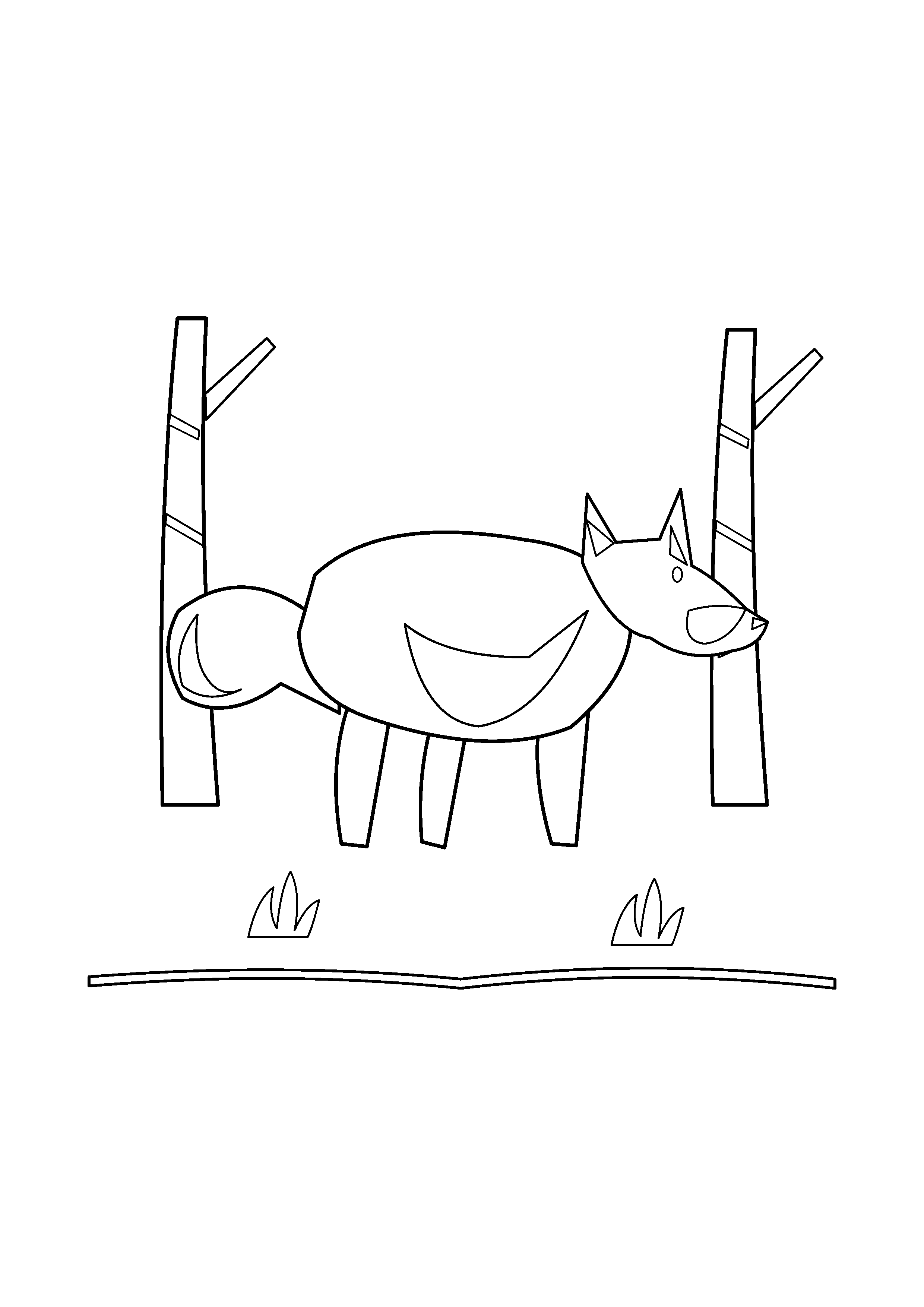 A walking fox passes between two slender birch trunks.