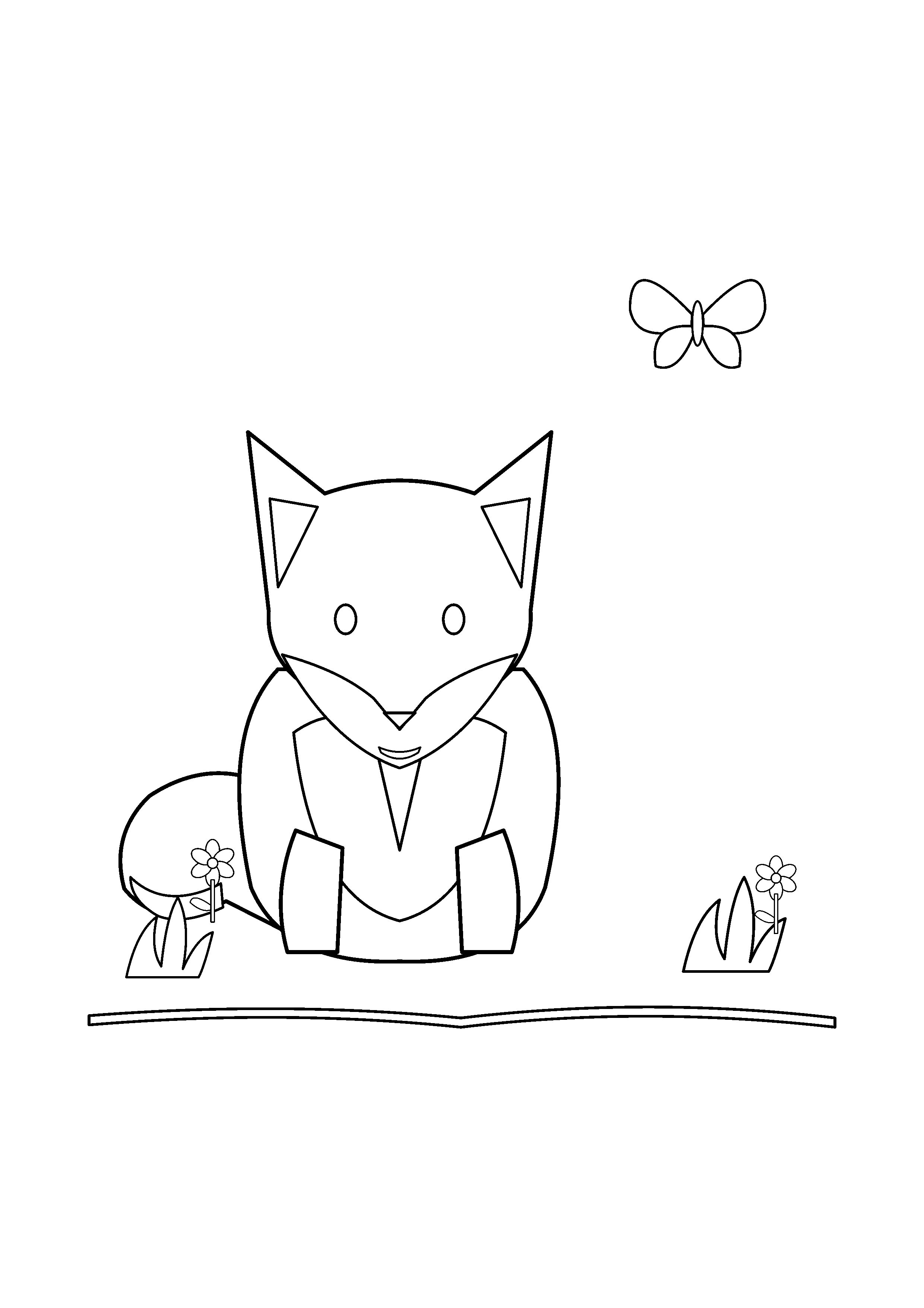 A curious fox watches a butterfly above meadow grass.