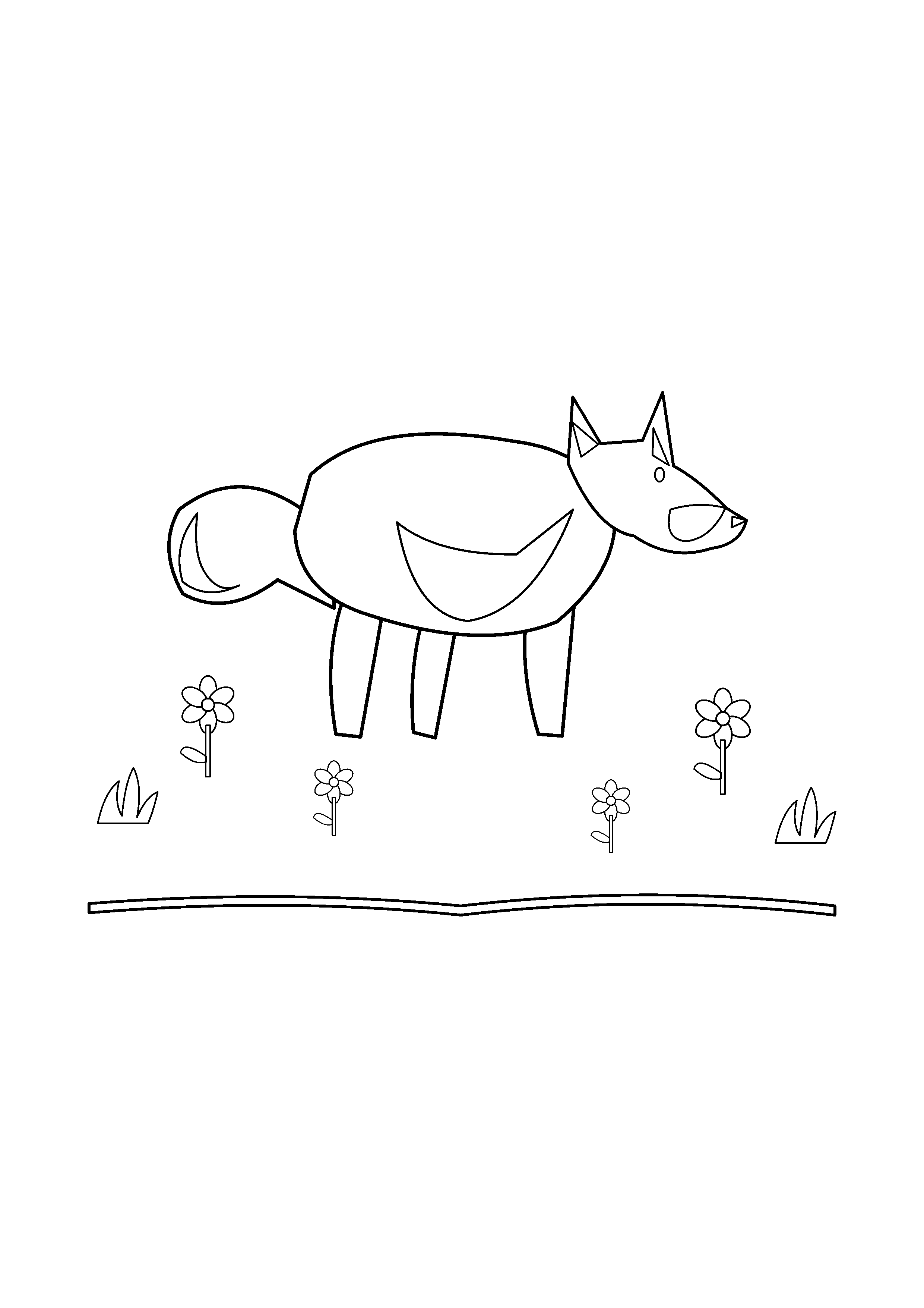 A fox walks through a meadow of widely spaced wildflowers.