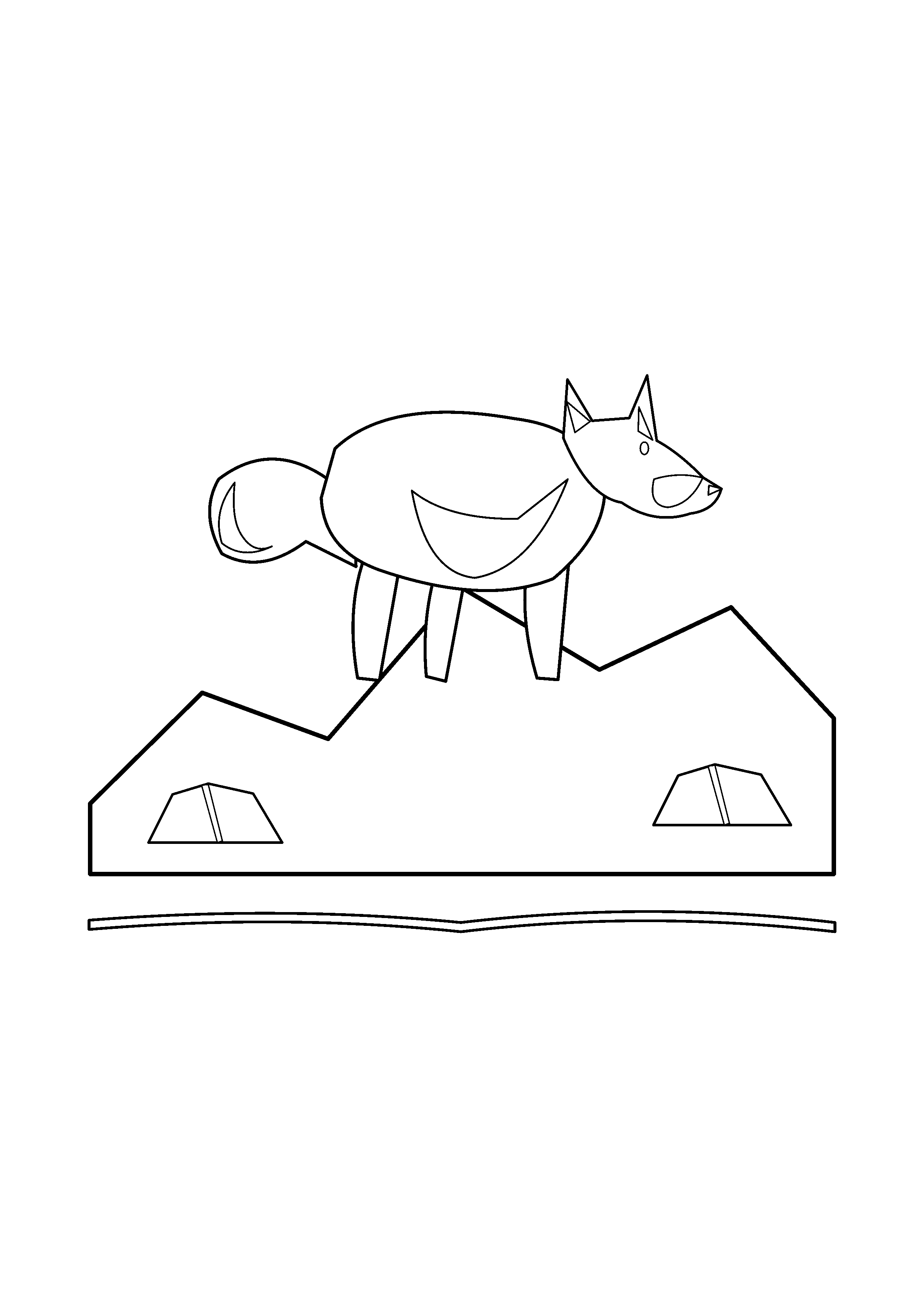 A fox stands on a layered rocky ridge above distant hills.