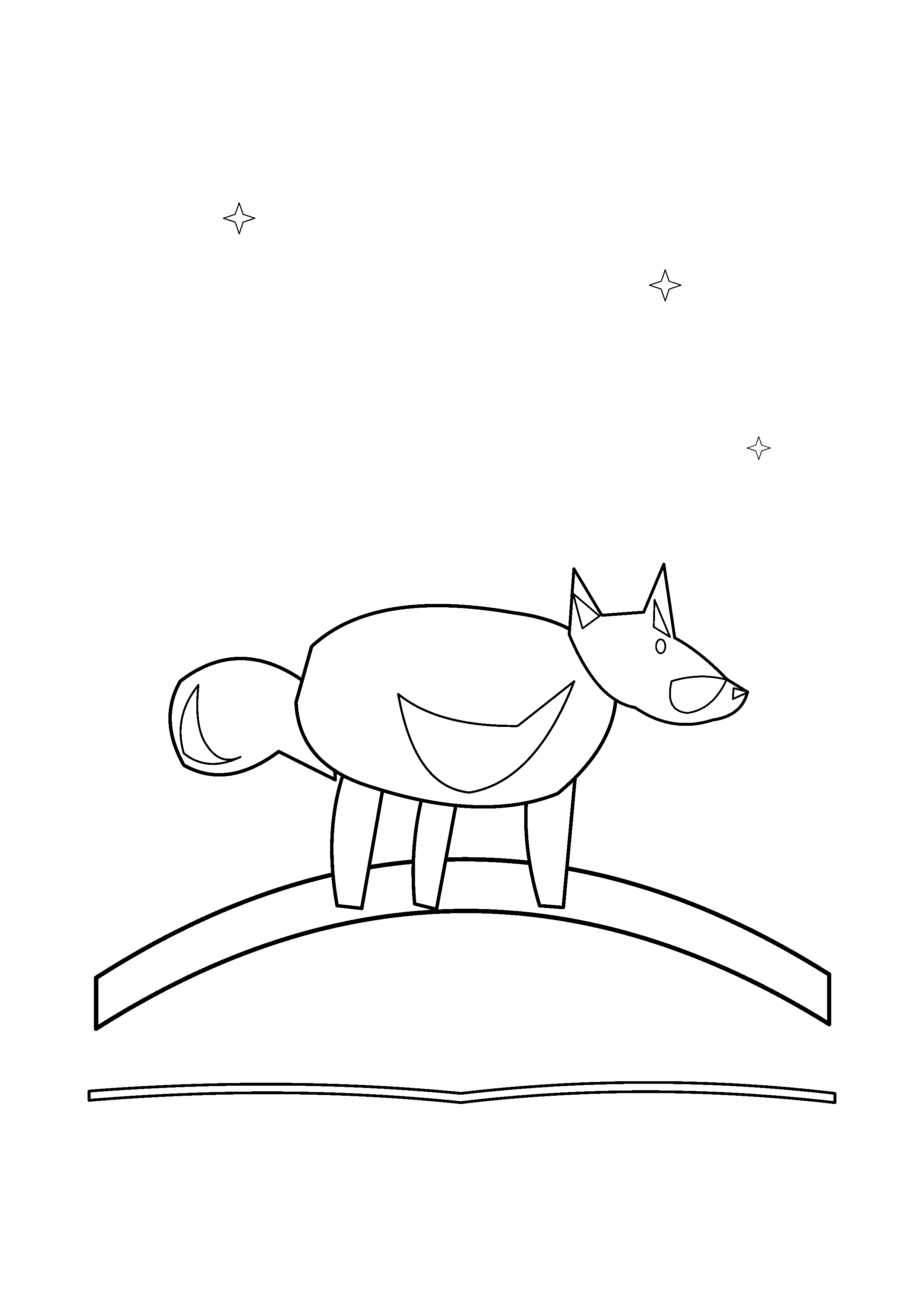 A fox stands on a rounded hill among a few falling snowflakes.
