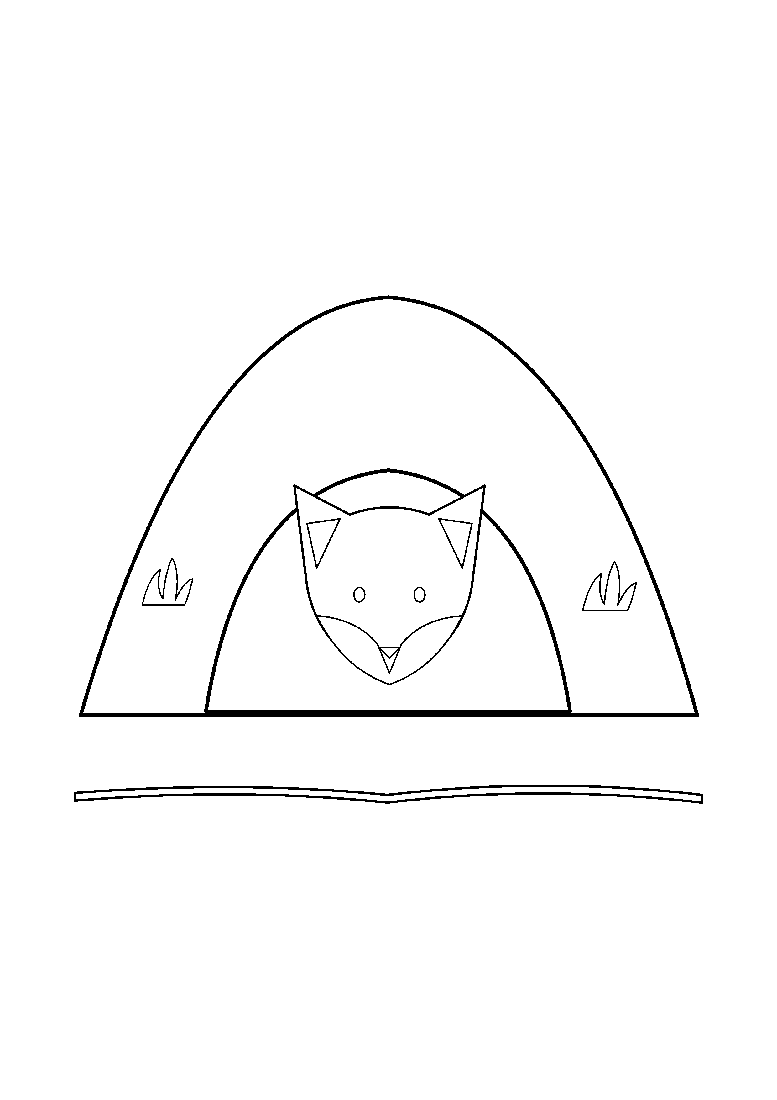 A fox peeks from a round burrow beneath a grassy bank.