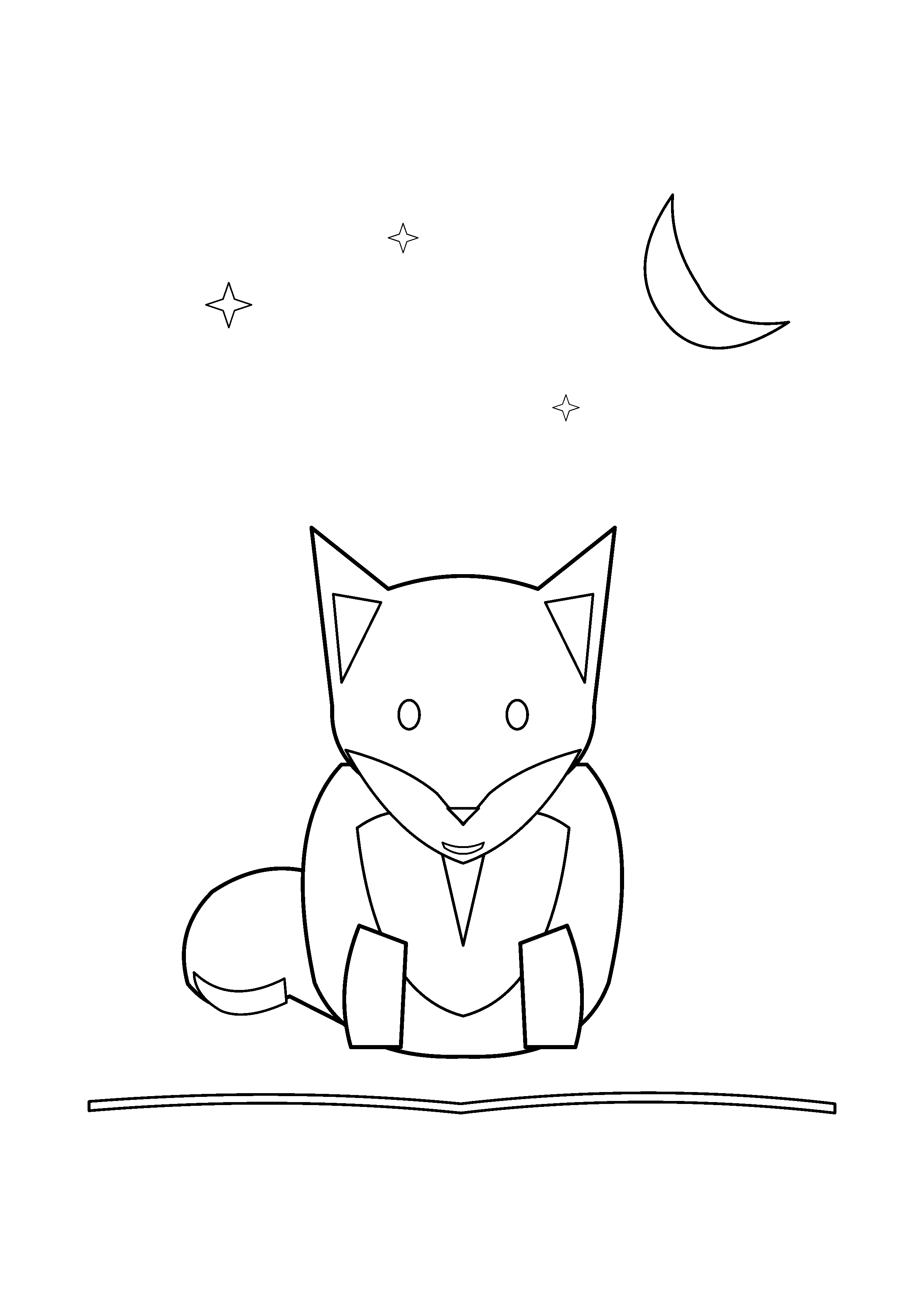 A fox looks upward beneath a crescent moon and simple stars.