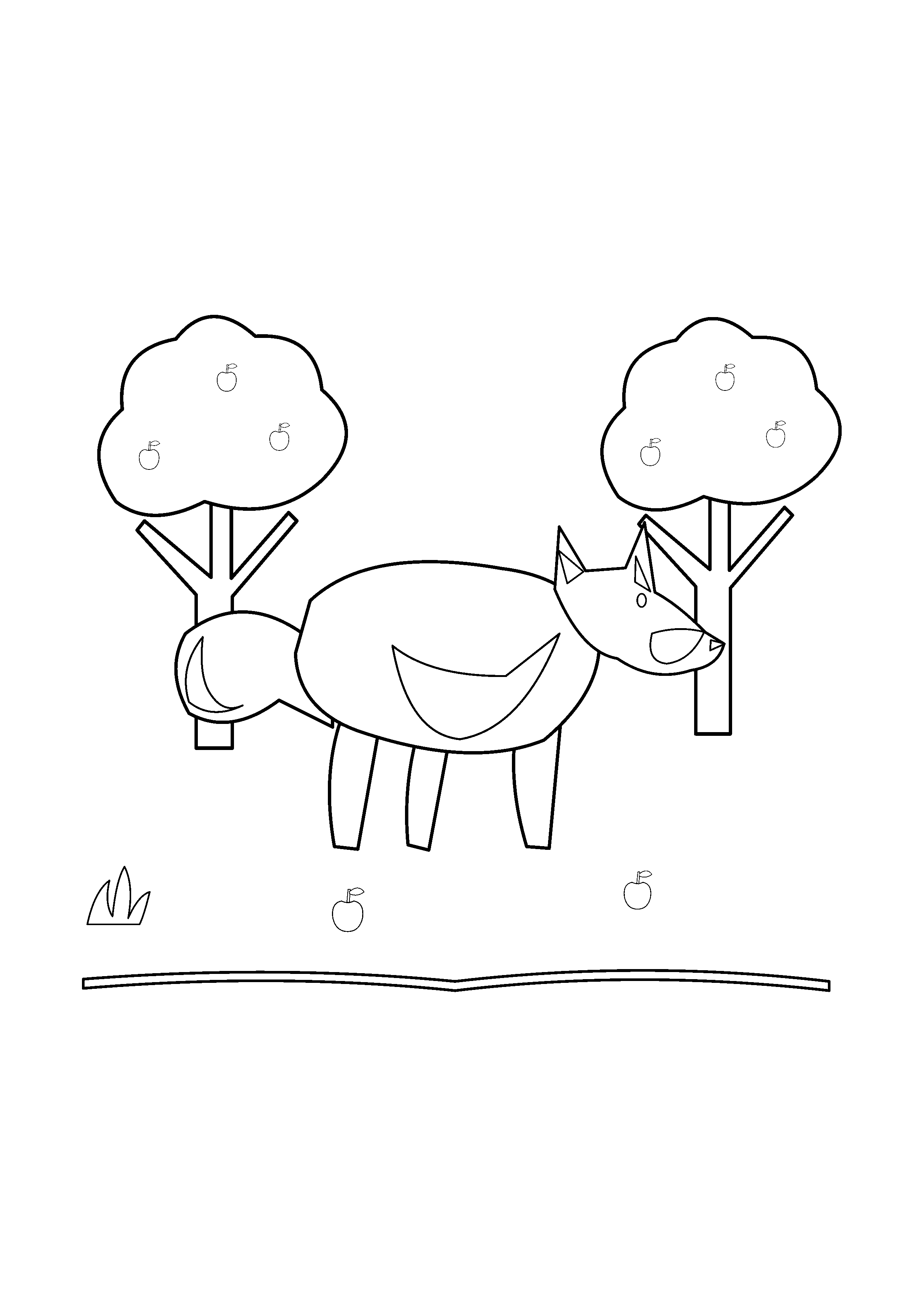 A fox walks between two small fruit trees with scattered fruit.