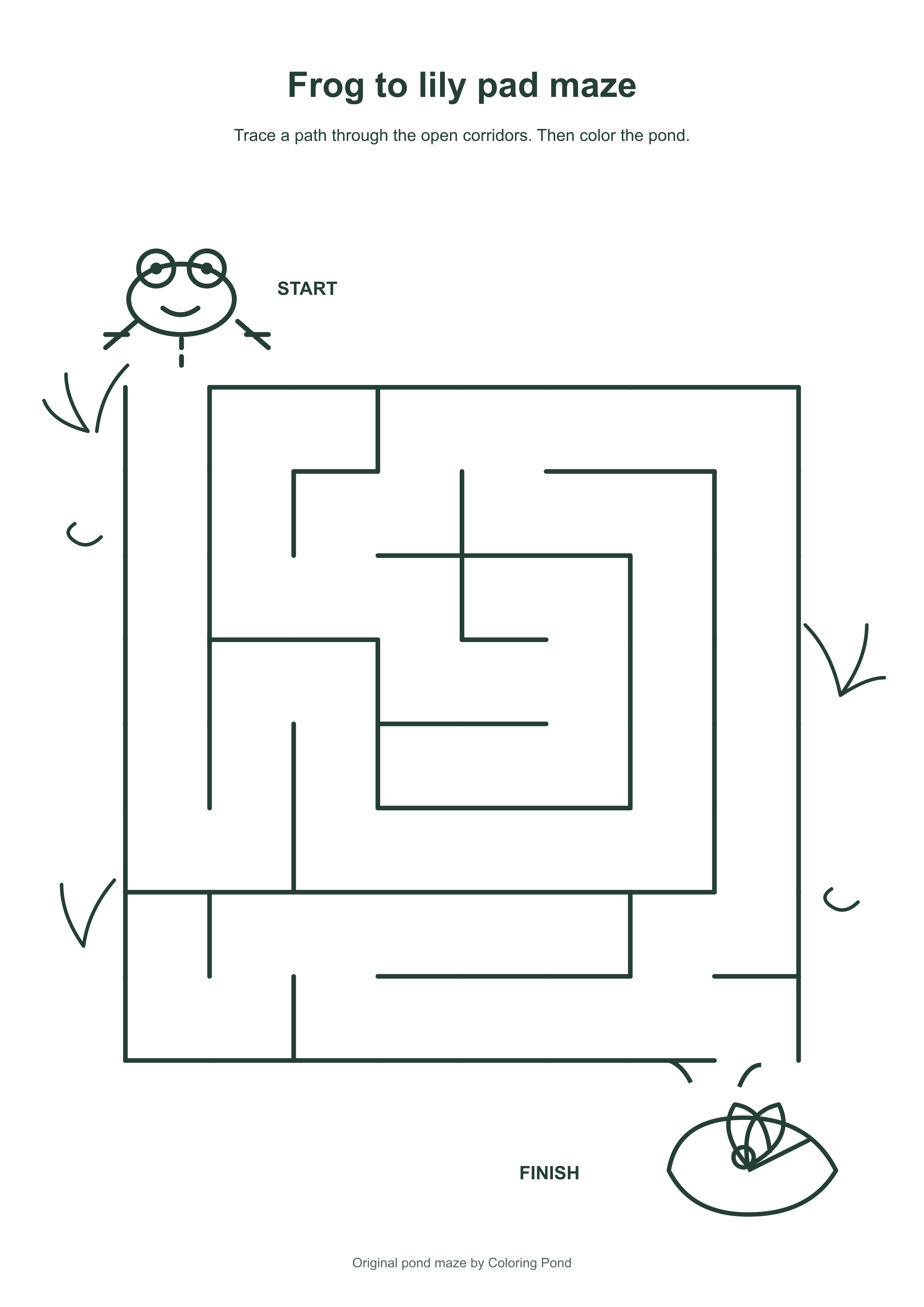 Original printable eight by eight frog to lily pad pond maze coloring page