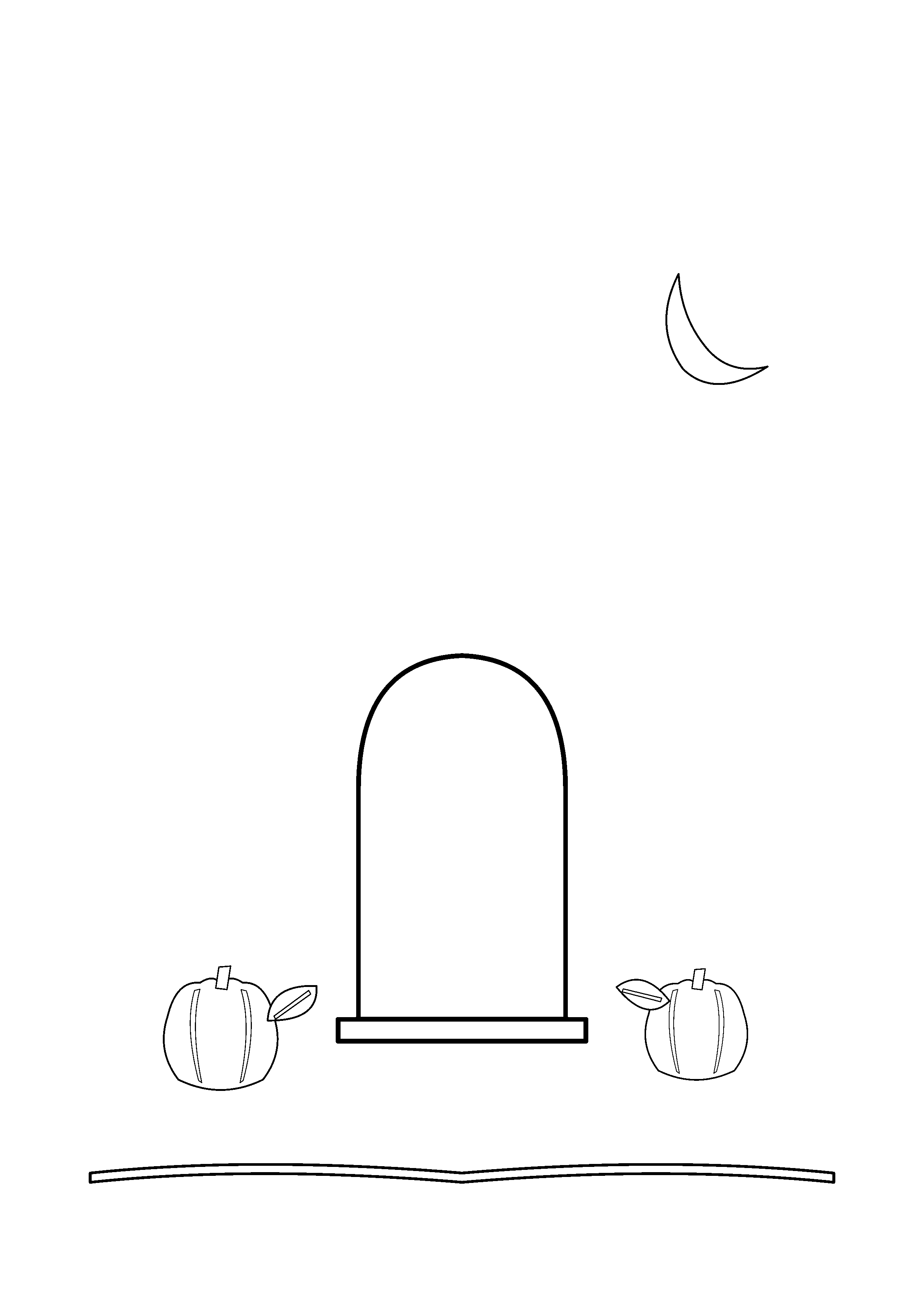 A plain grave marker stands among fallen leaves and two small pumpkins.