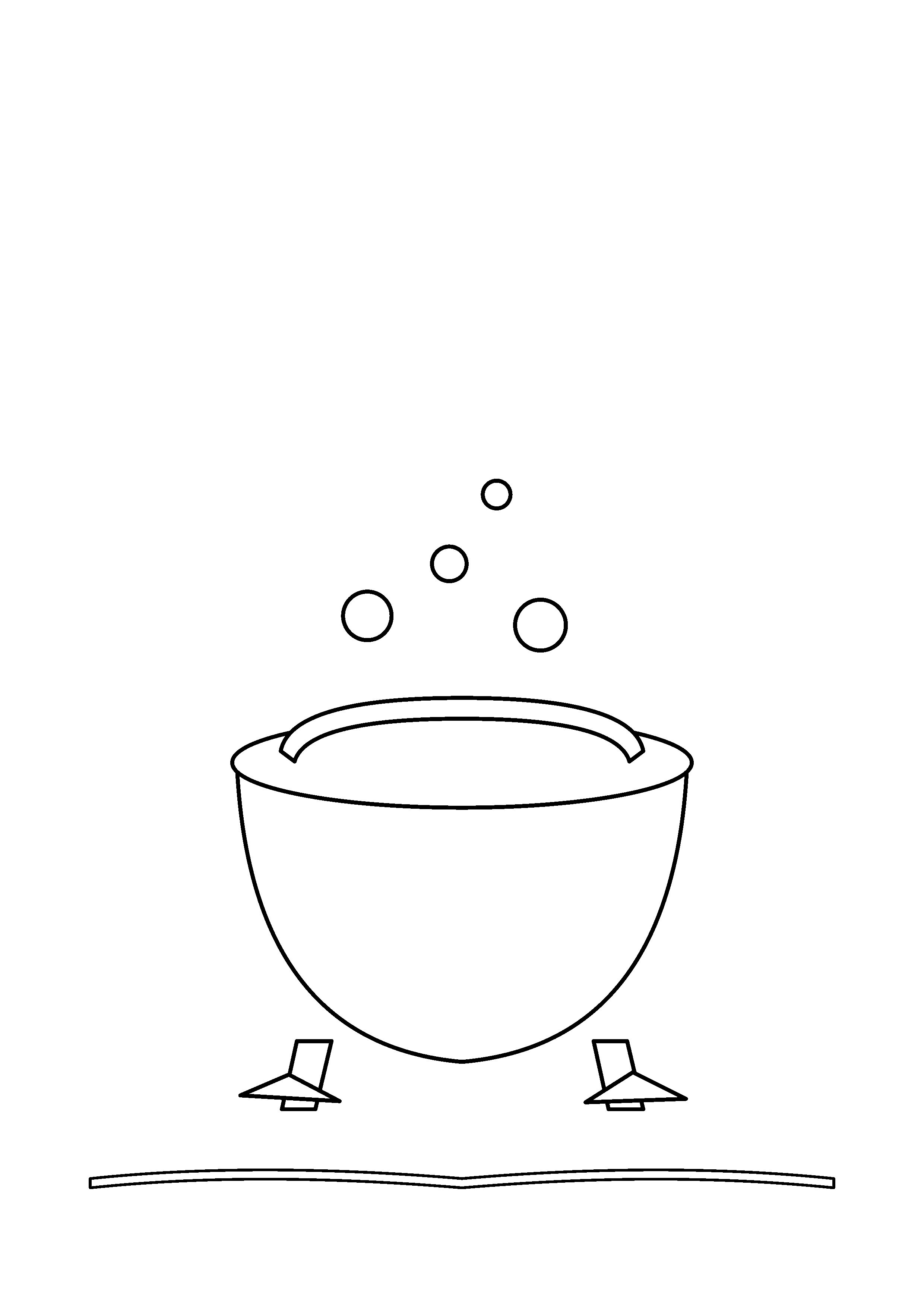 A large cauldron bubbles over a small ring of stones.