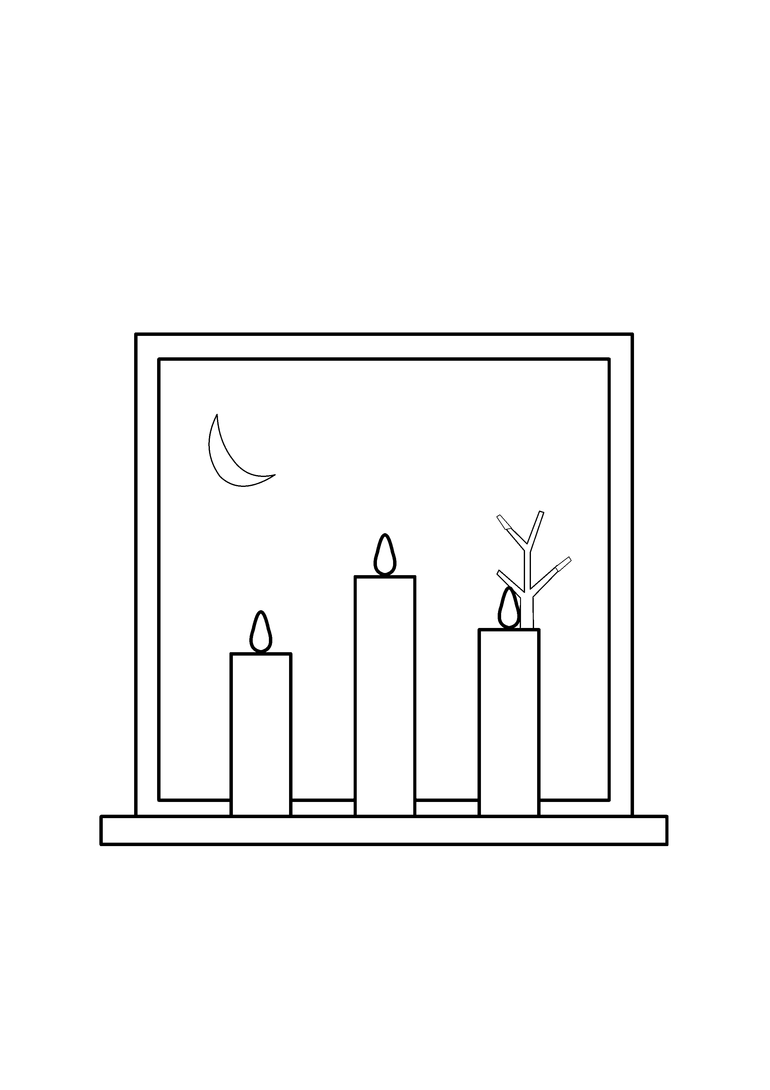 Three candles glow on a deep windowsill with bare branches outside.