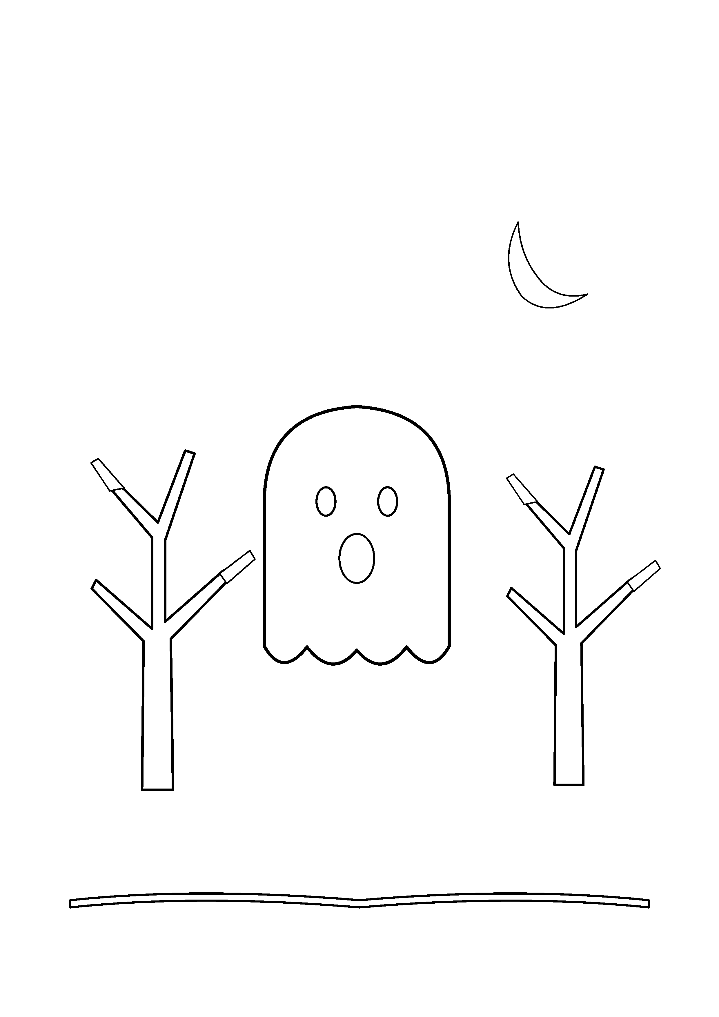 A friendly ghost floats between two leafless trees.