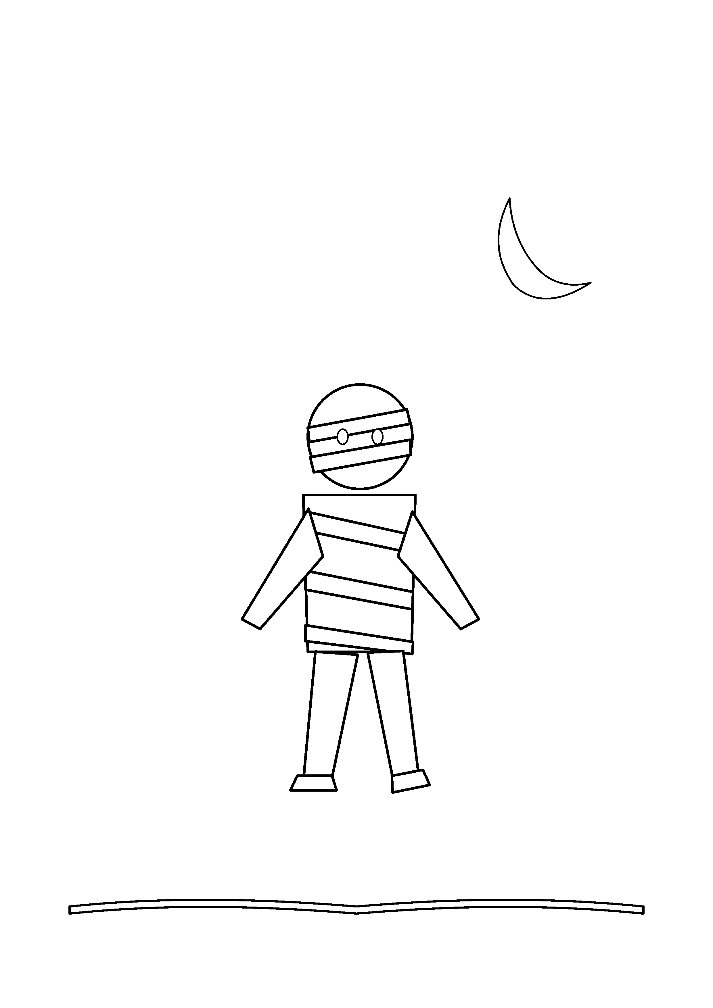 A bandaged mummy walks beneath a crescent moon.
