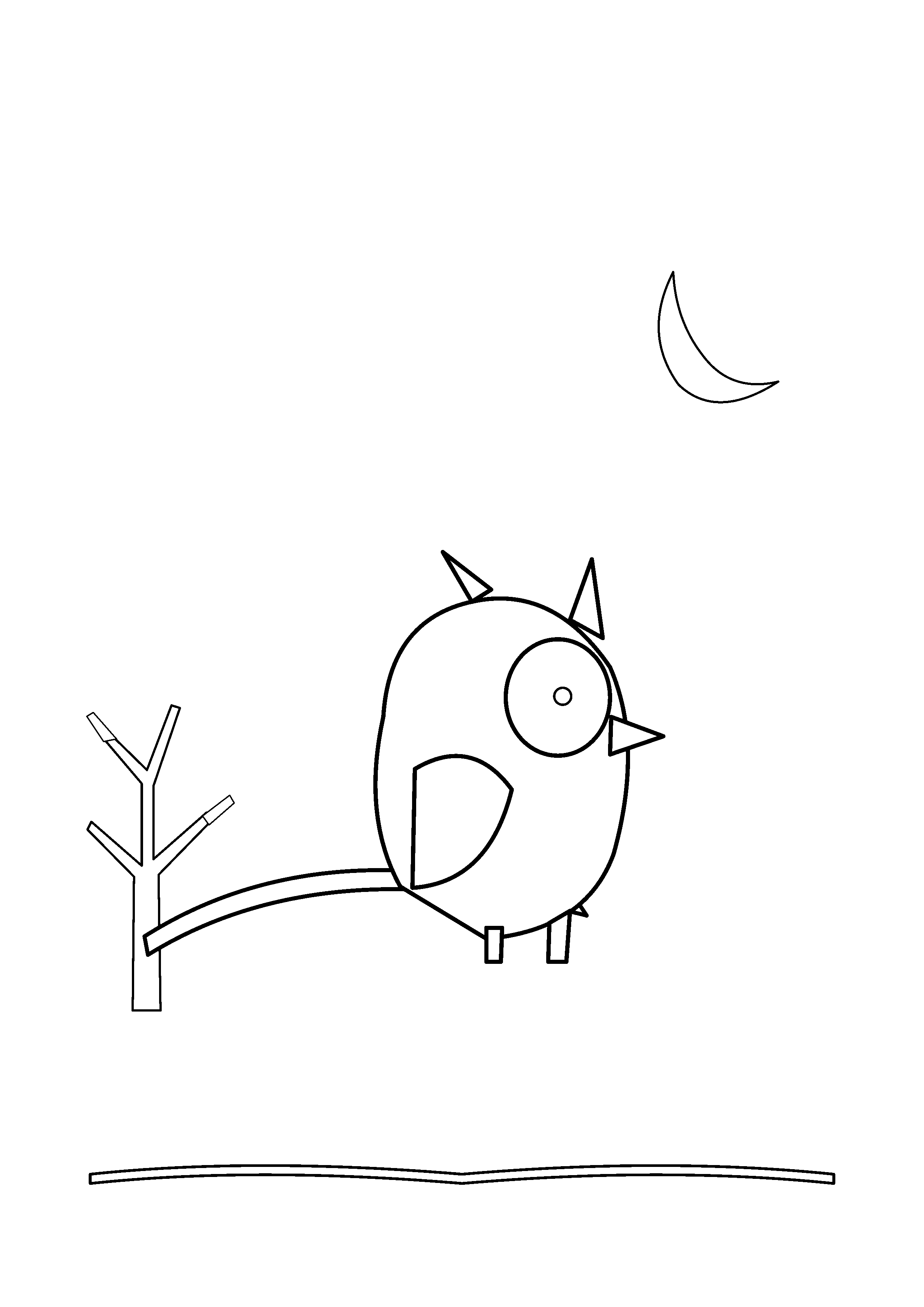 A side facing owl perches on a twisted branch beneath the moon.