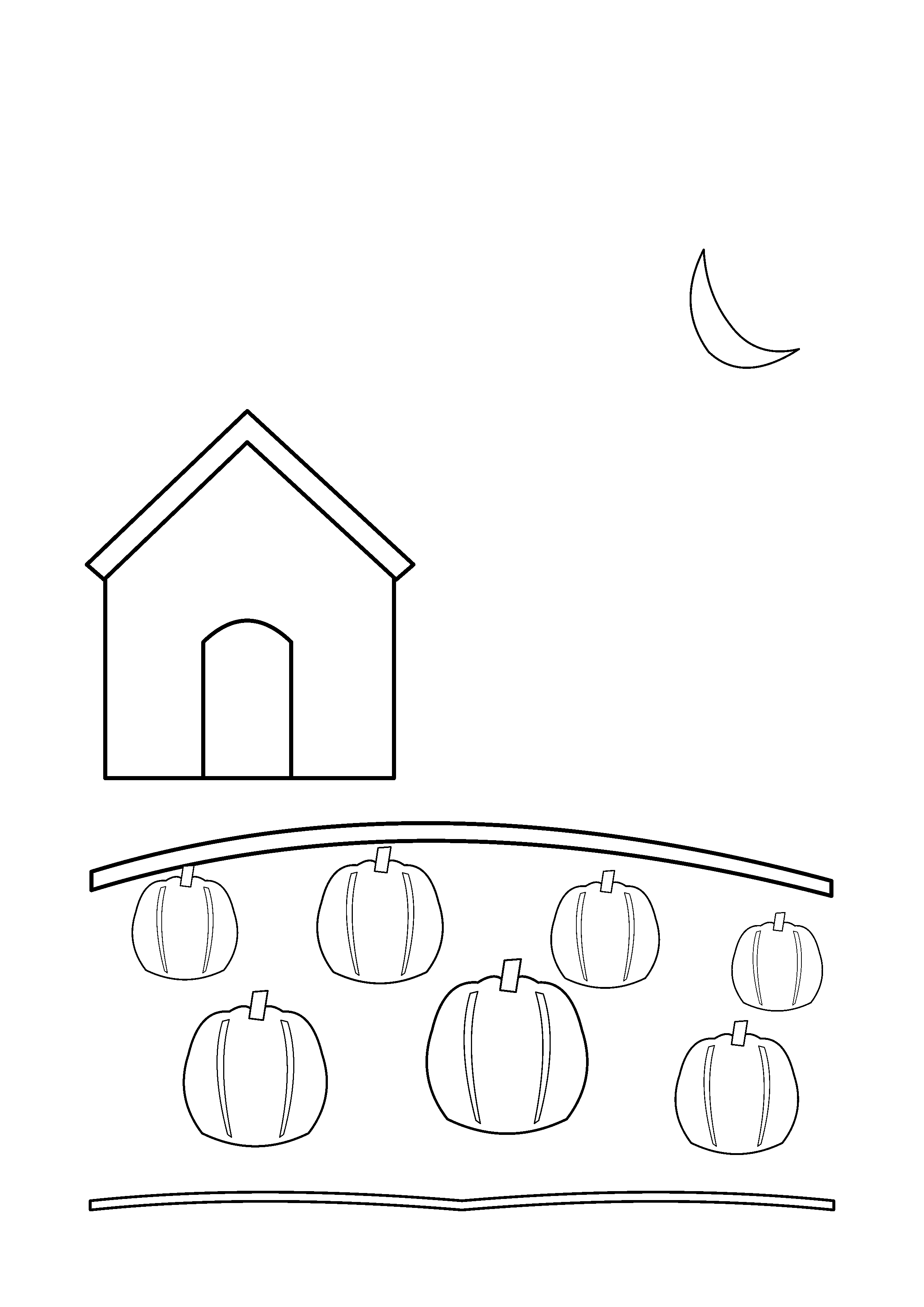 Rows of pumpkins fill a field beneath a distant barn and moon.