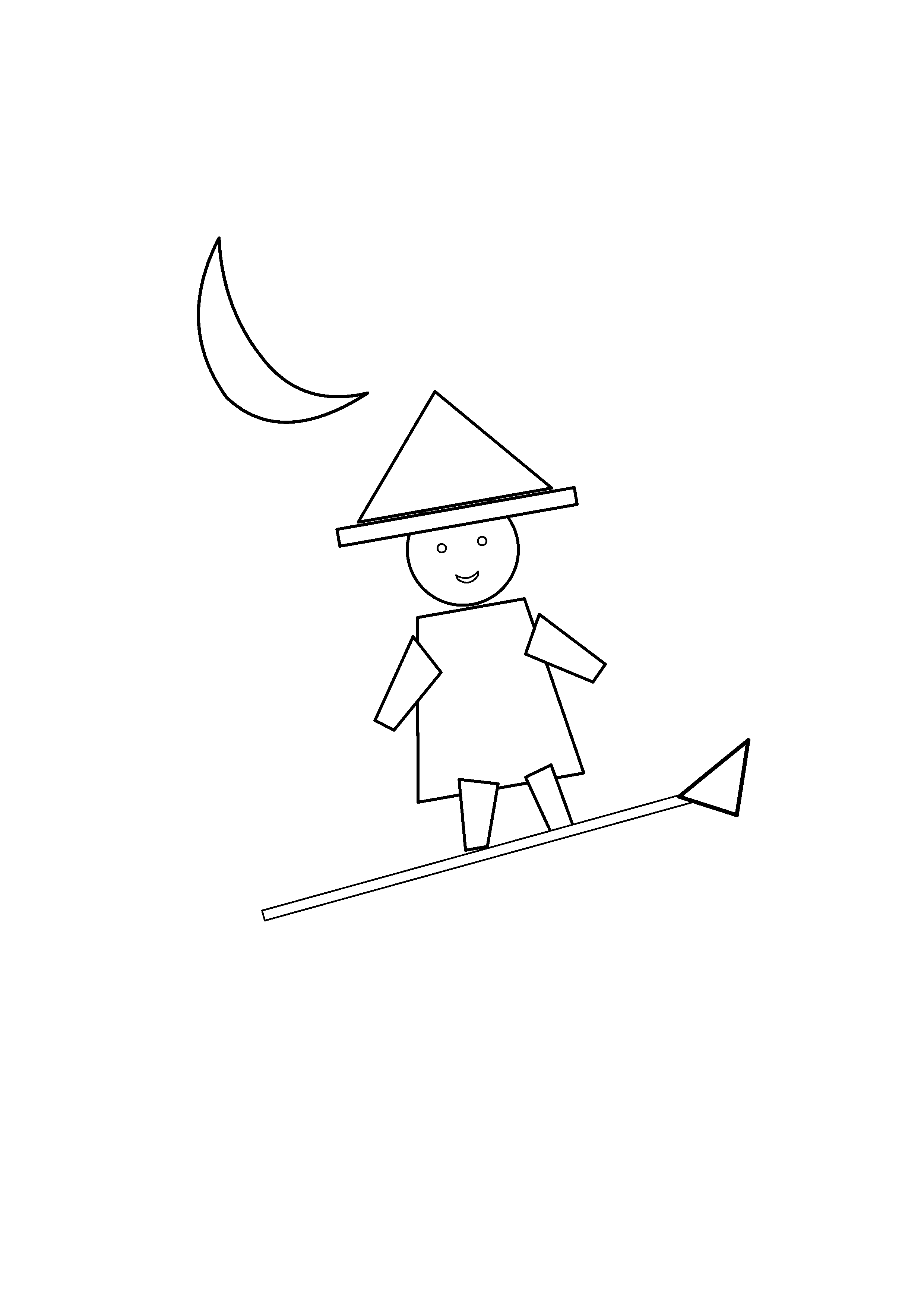 An original witch rides a broom past a crescent moon.