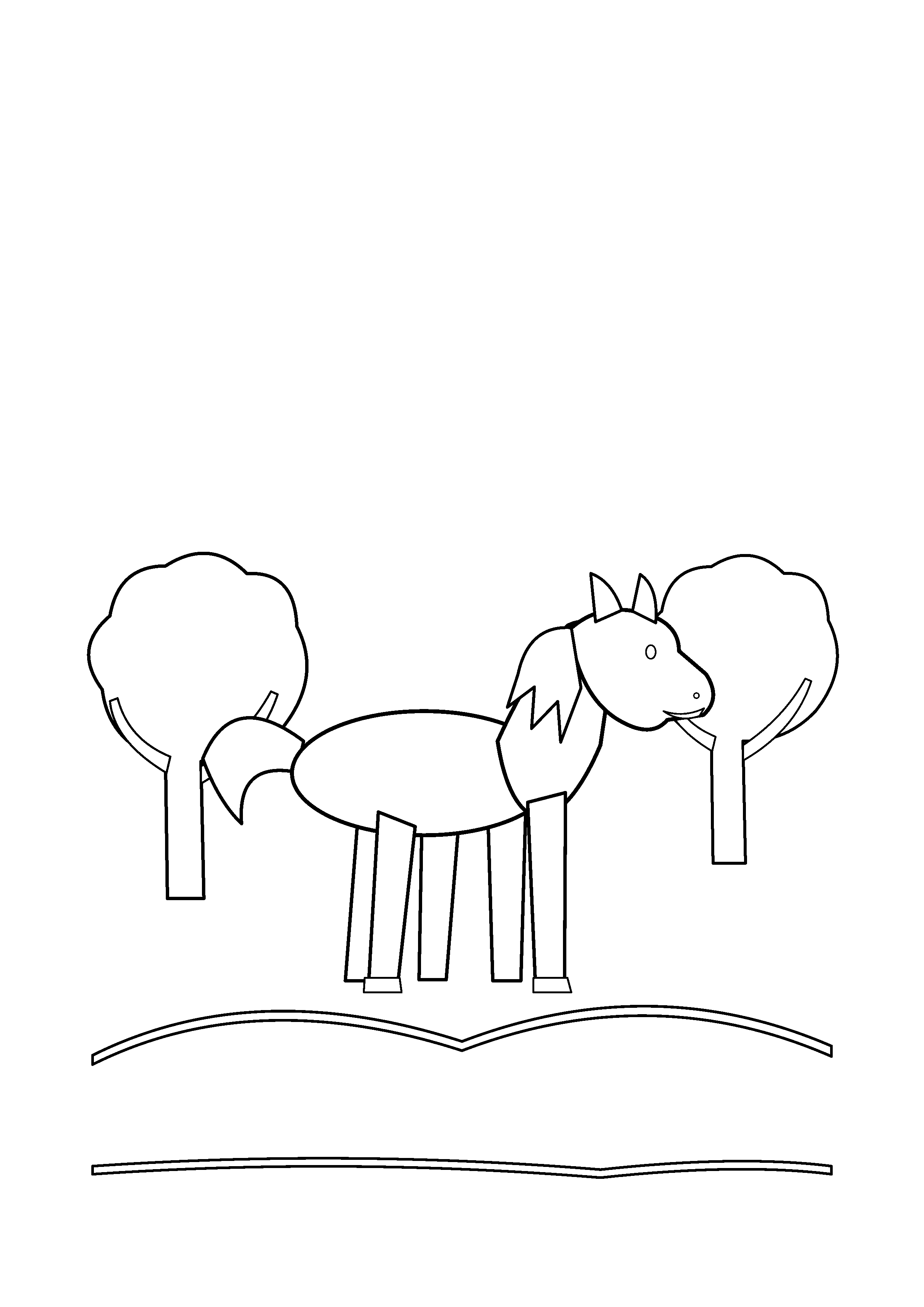 A horse walks along a trail between tall trees.
