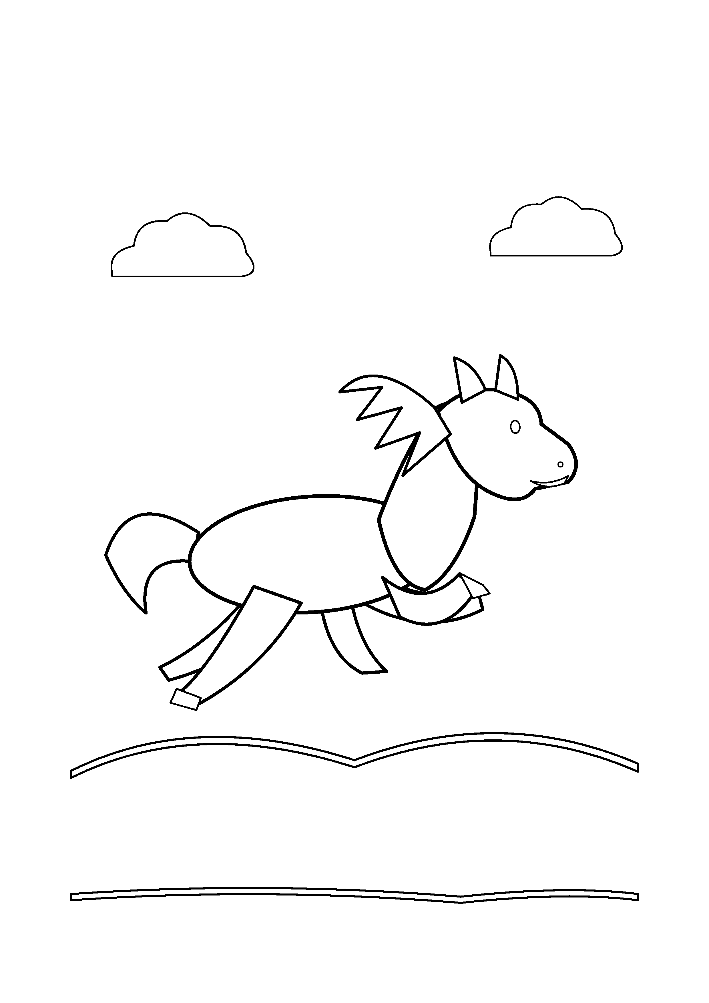 A horse gallops across an open meadow beneath two clouds.