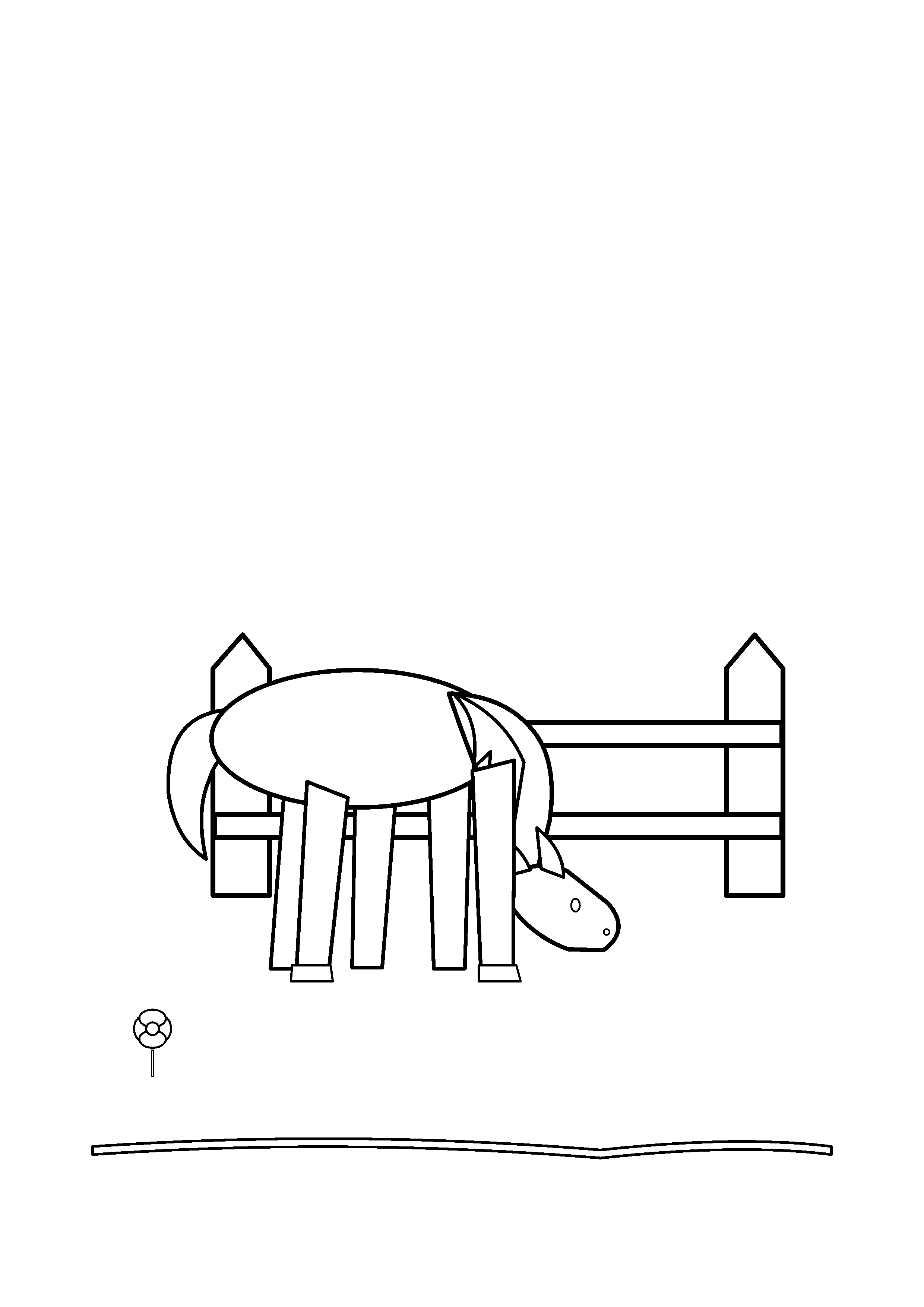 A horse lowers its head to graze beside a wooden fence.