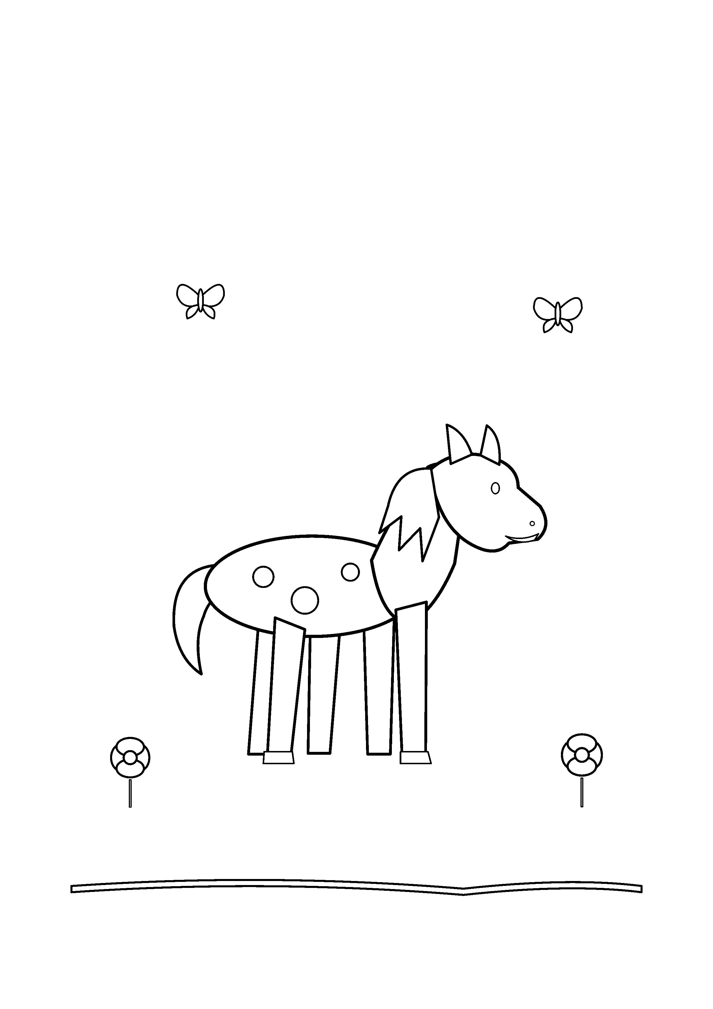 A calm horse stands among flowers while butterflies pass nearby.