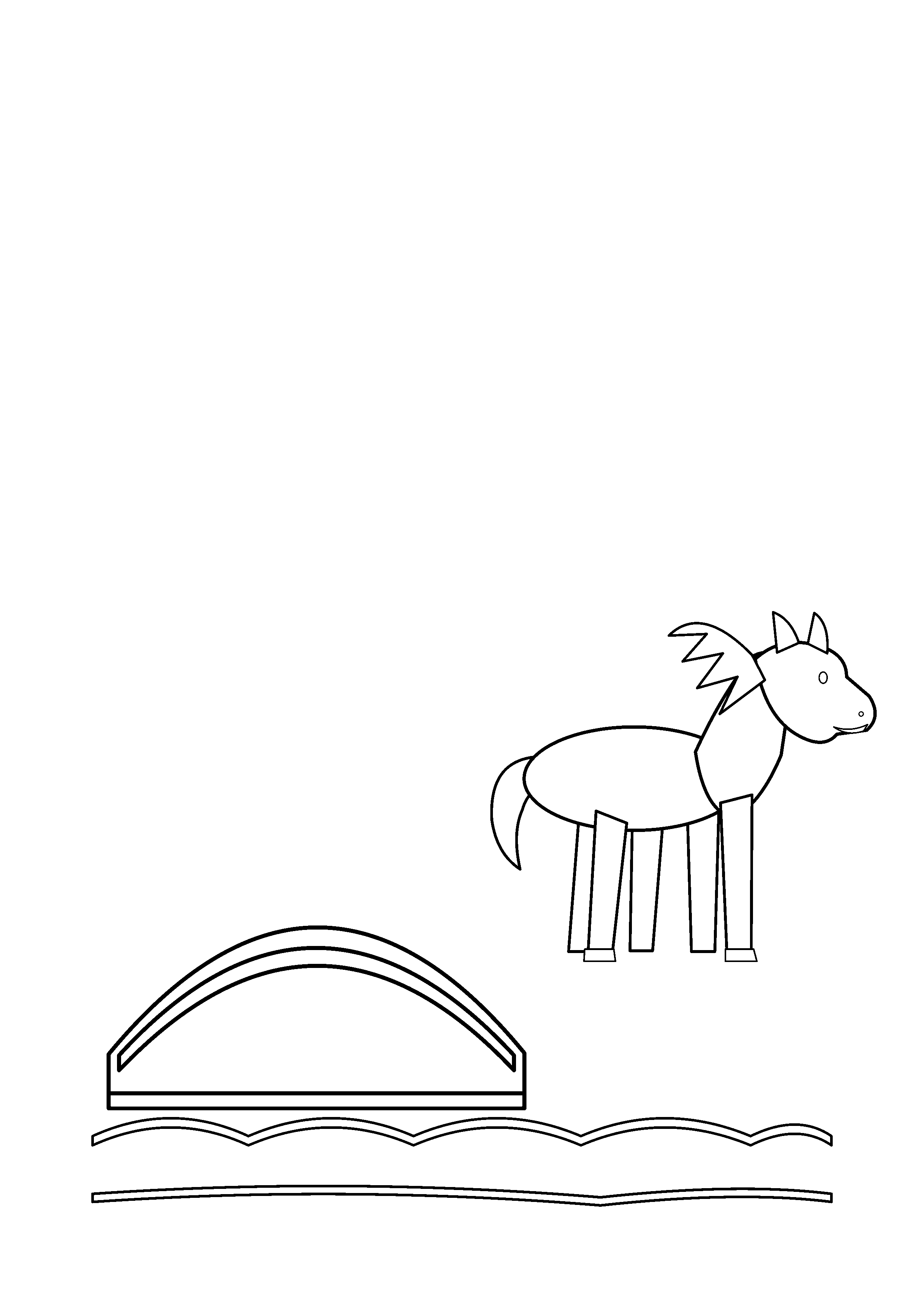 A horse approaches a small arched bridge over a stream.