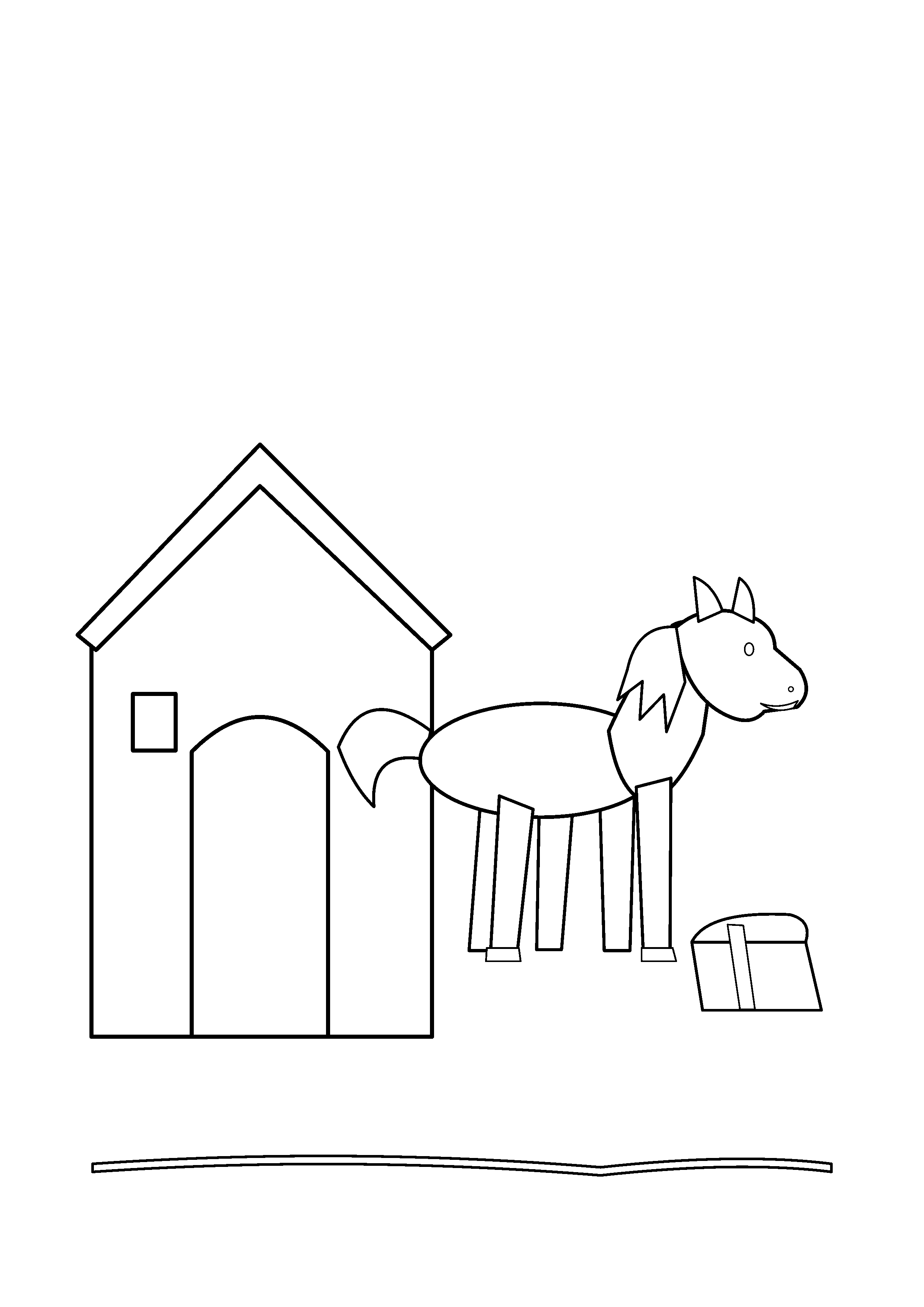 A horse stands outside a small barn with a pitched roof.