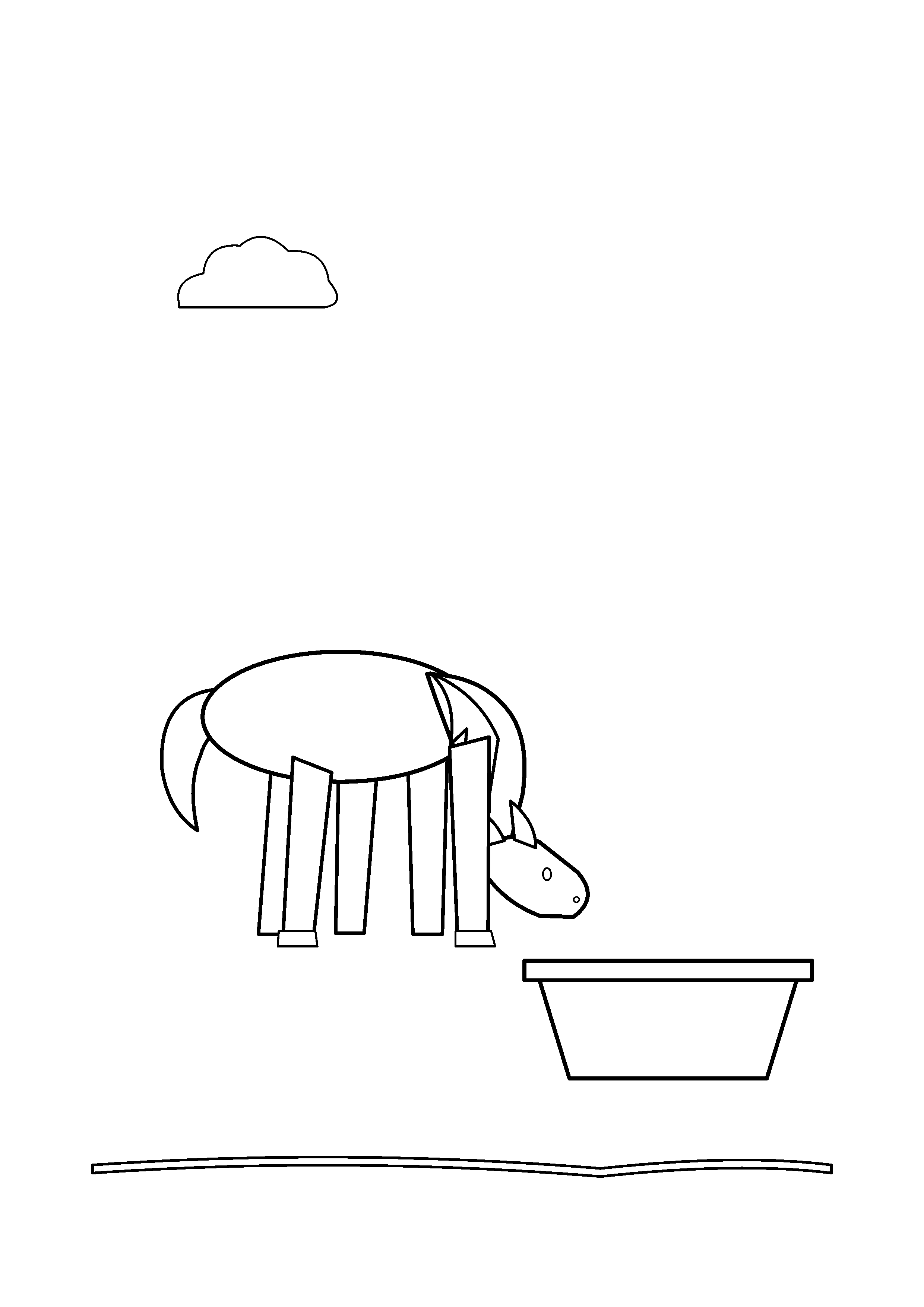 A horse bends toward a round water trough.