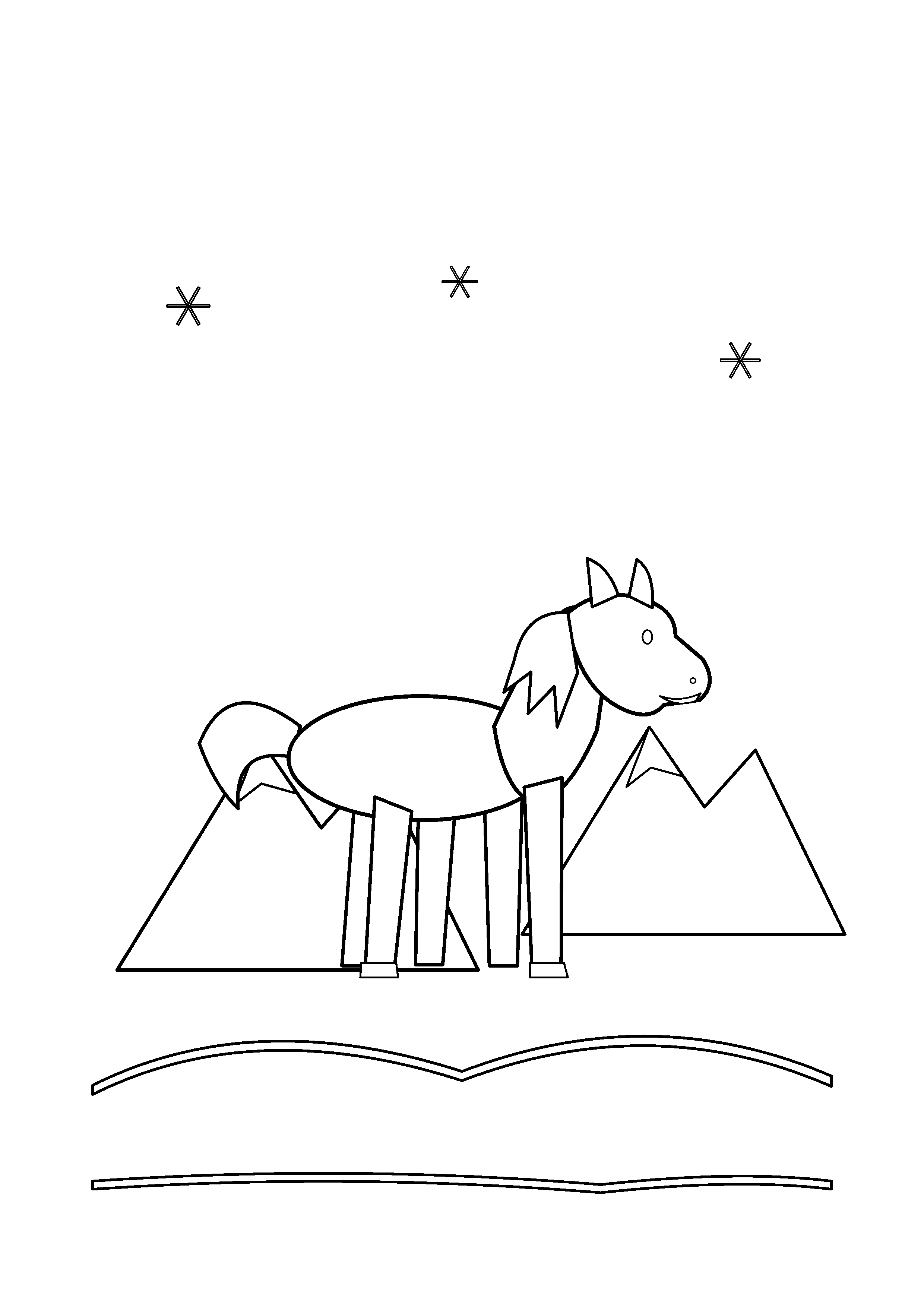 A horse walks between snow covered hills and falling snowflakes.