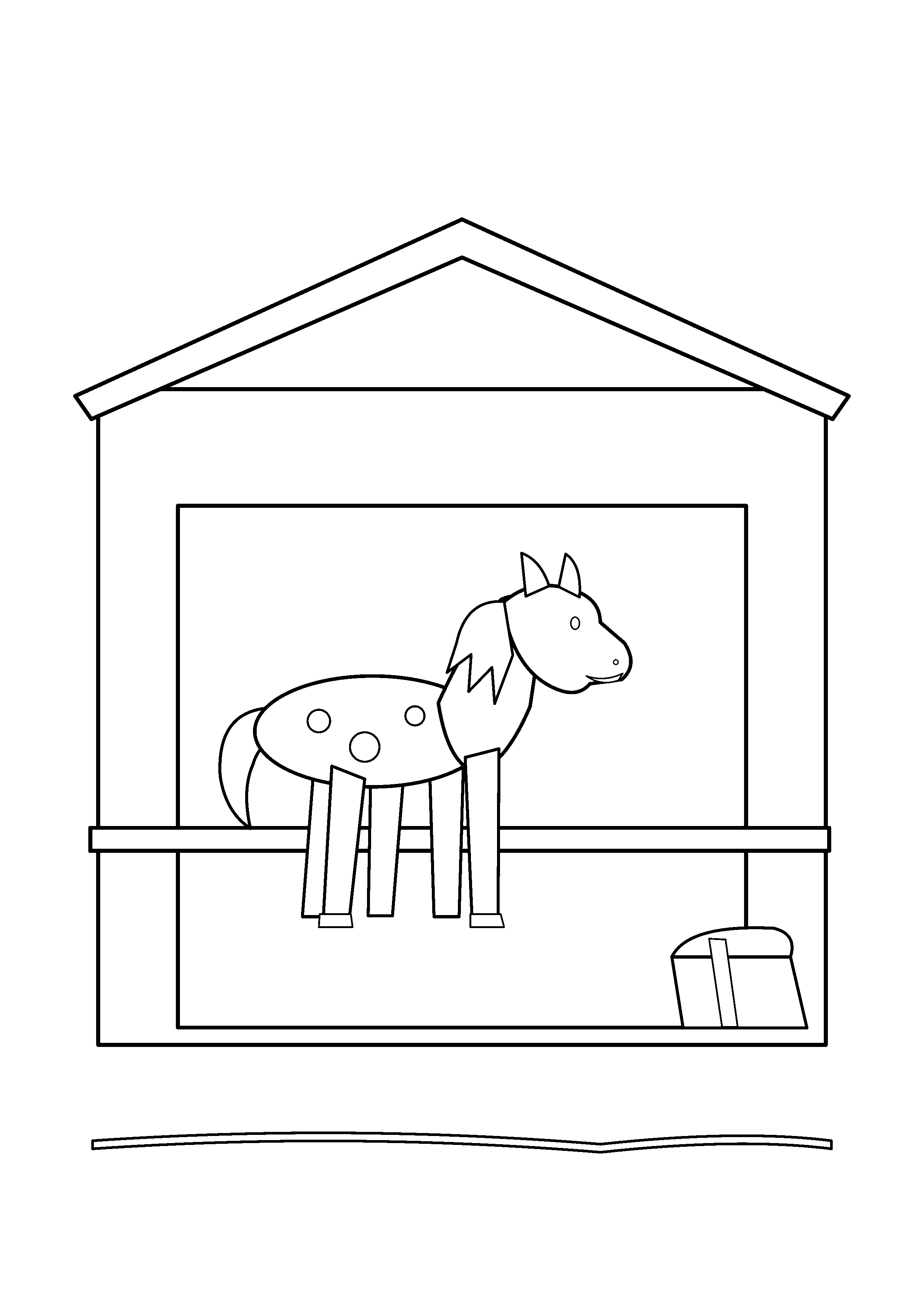 A horse stands inside a stable doorway beside a hay bale.