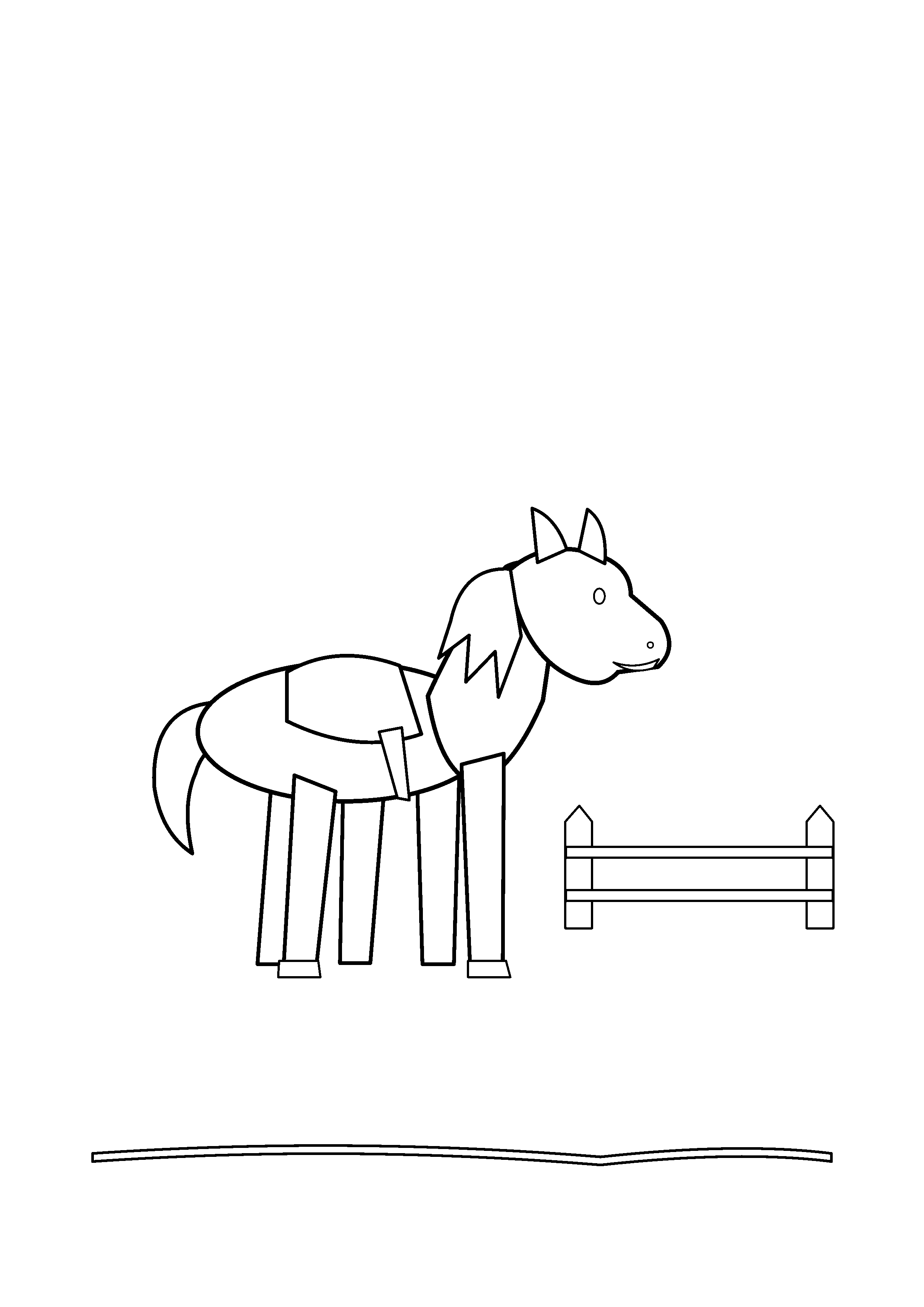 A saddled horse waits beside a fence post.