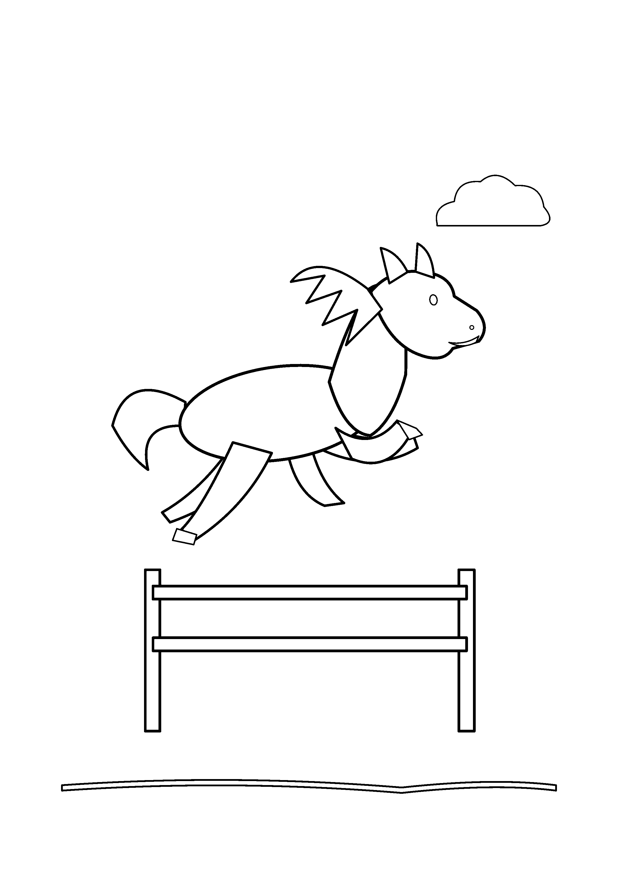 A horse leaps over a simple rail hurdle.
