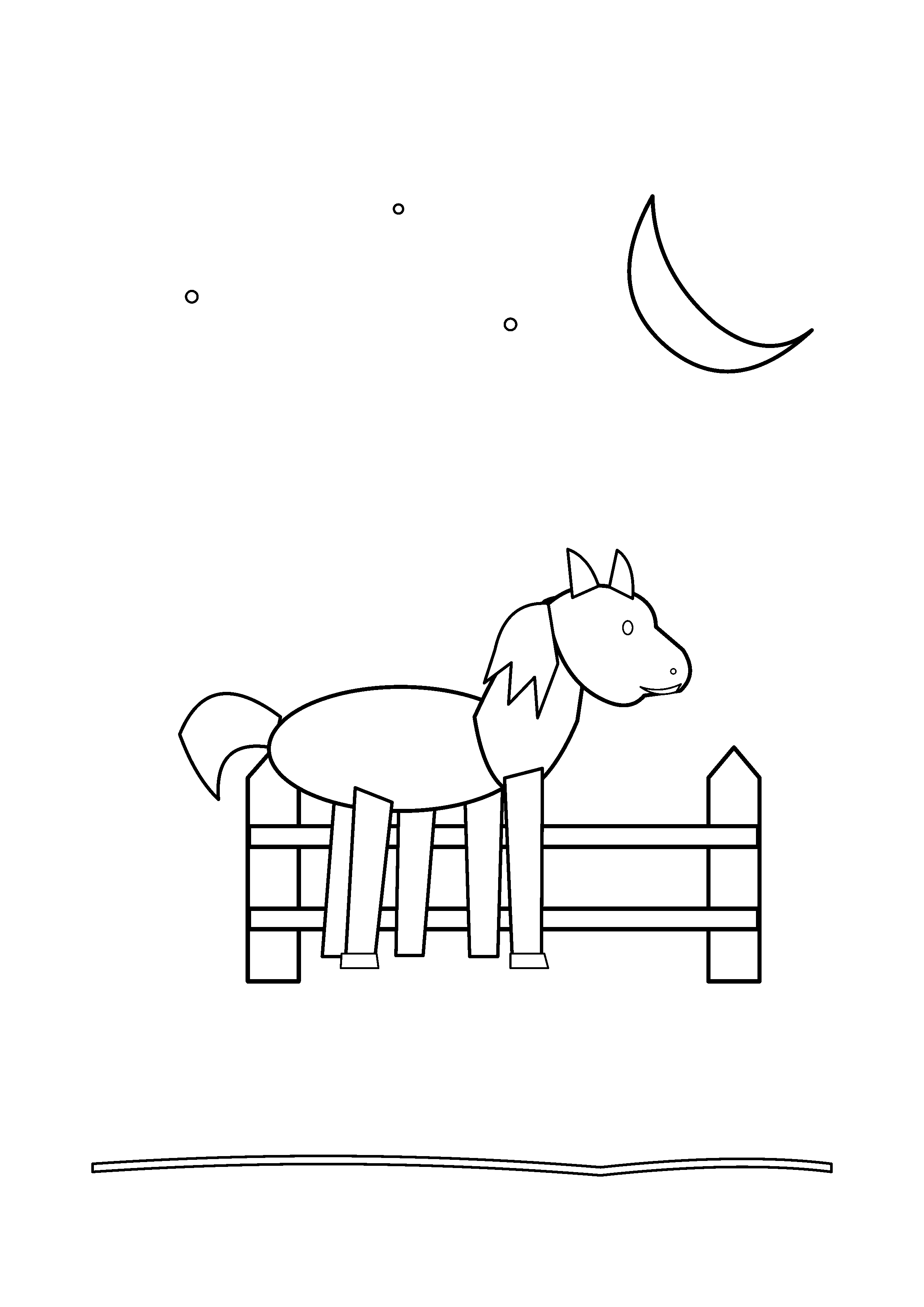 A horse stands beneath a crescent moon in a quiet pasture.