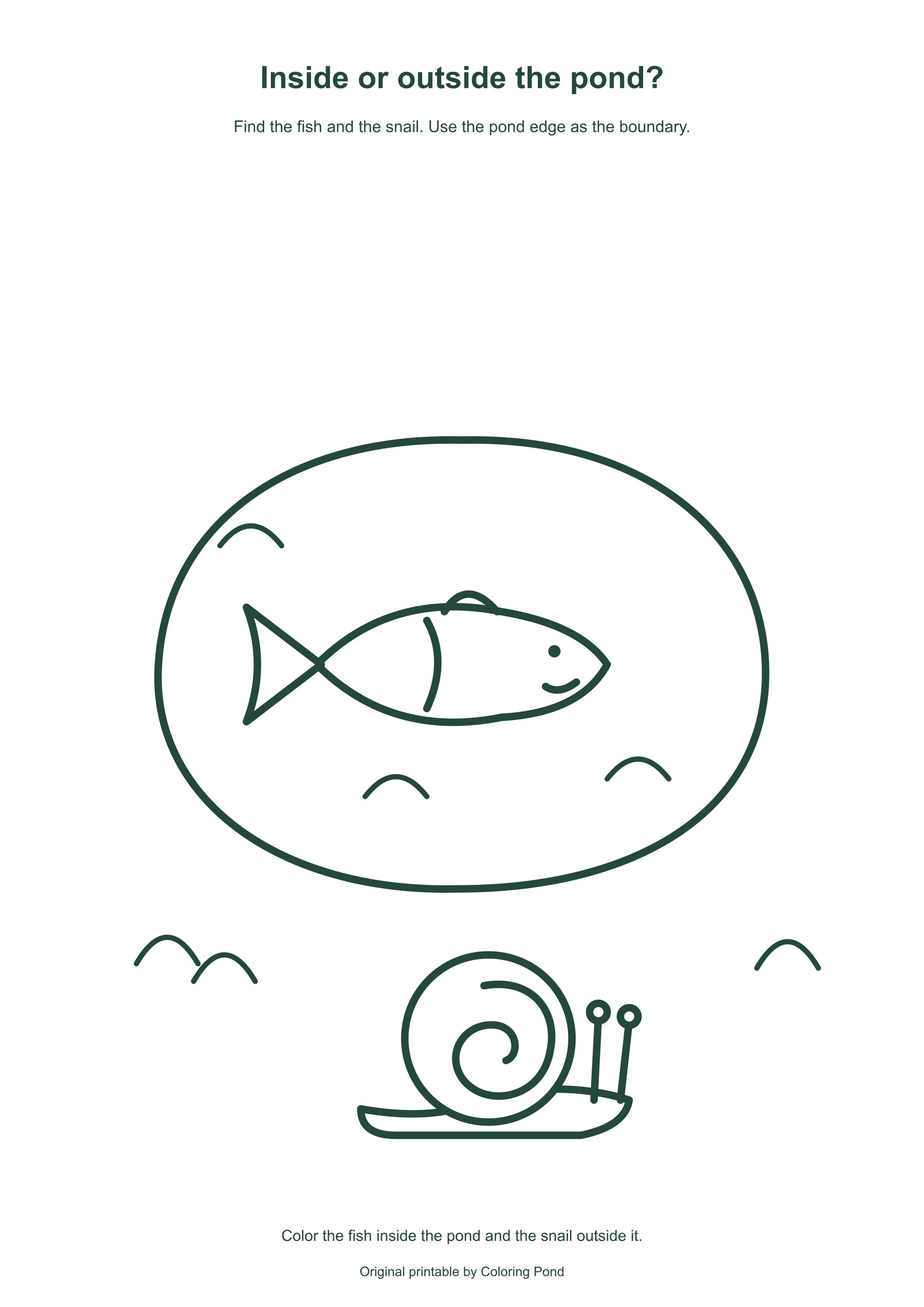Original printable with a fish inside the closed pond outline and a snail outside, below it