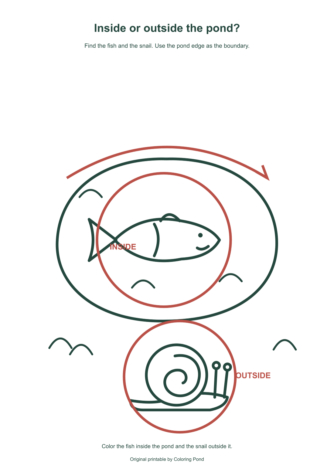 Same-source guide circles the fish inside the pond and the snail outside its edge