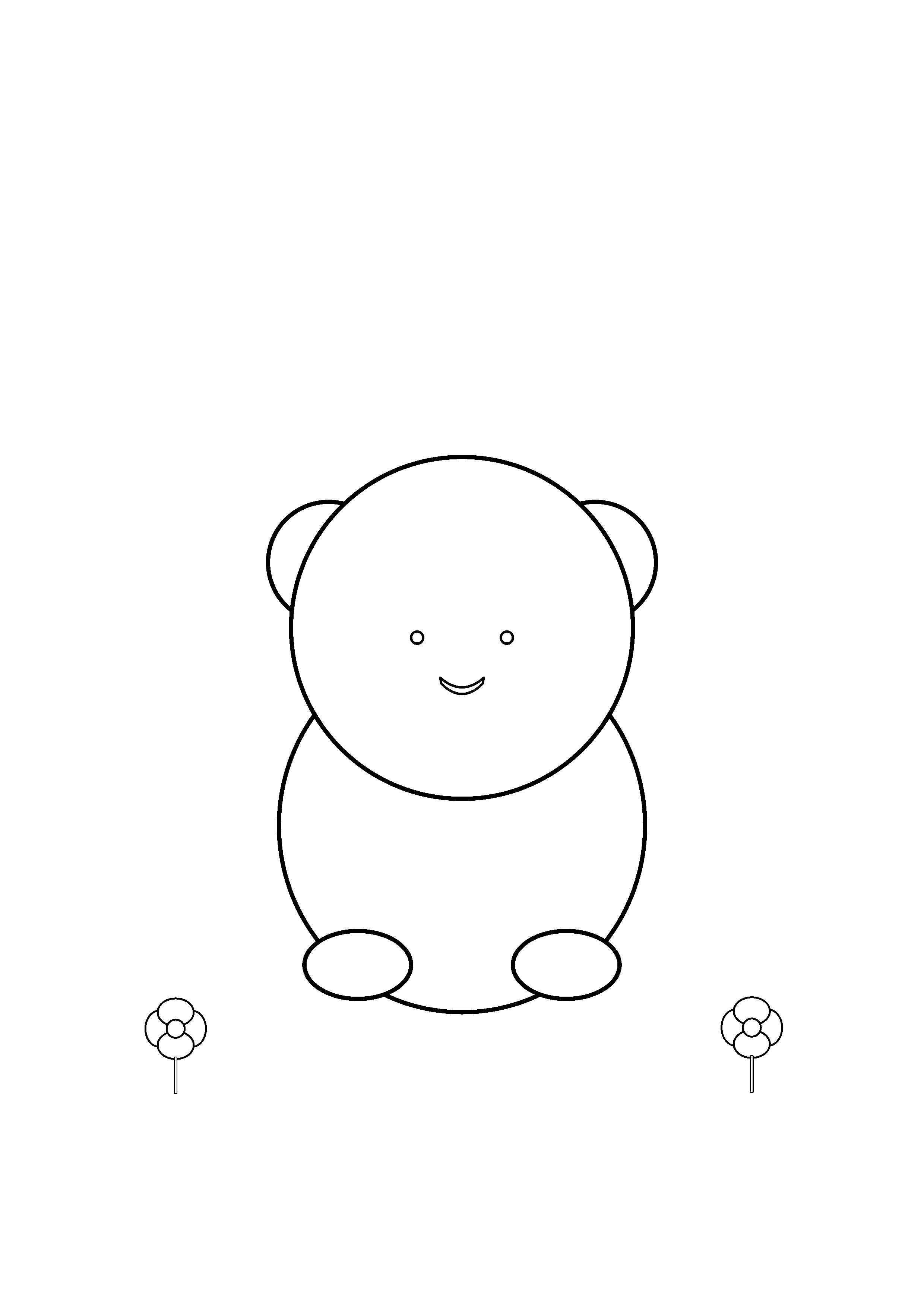 A chubby bear sits between two simple flower stems.