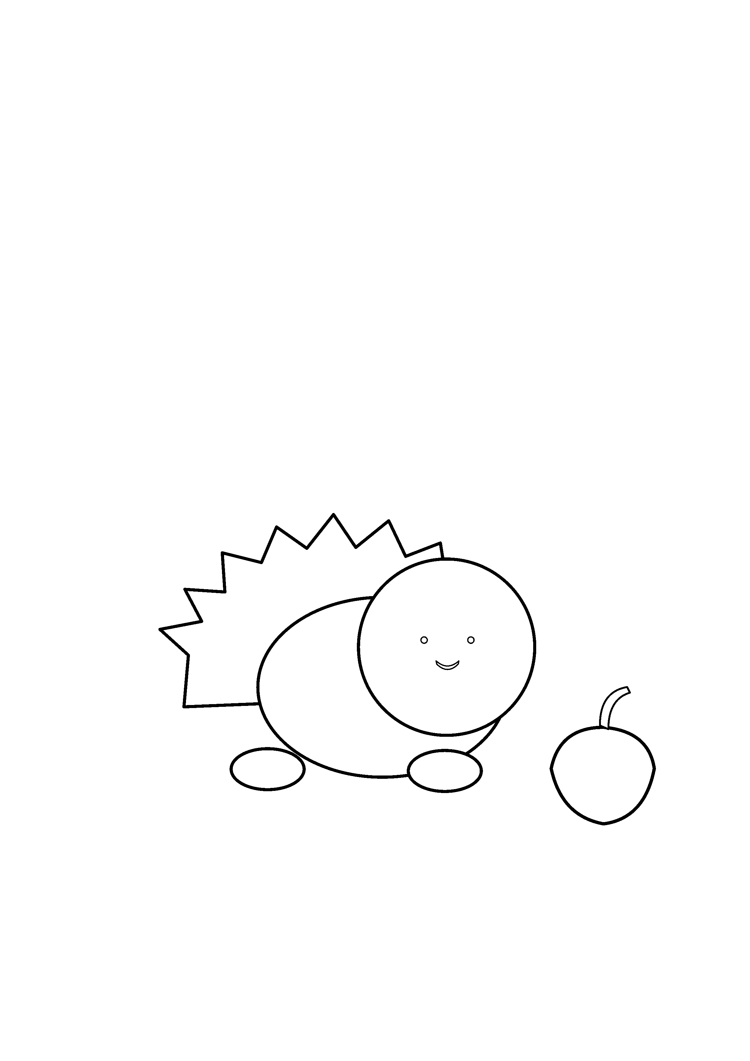 A round hedgehog stands next to a small apple.