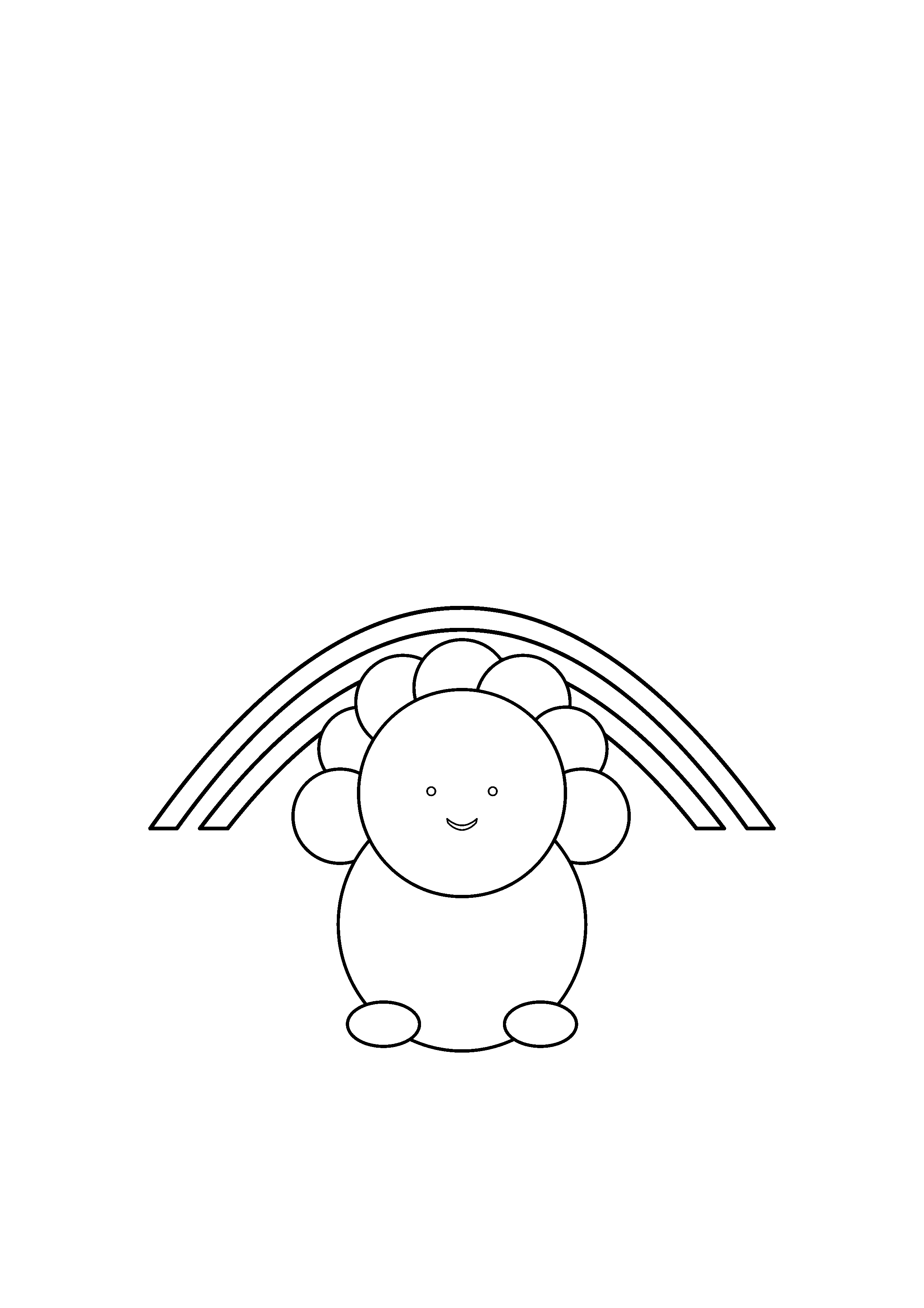 A fluffy lamb stands beneath a broad rainbow arch.